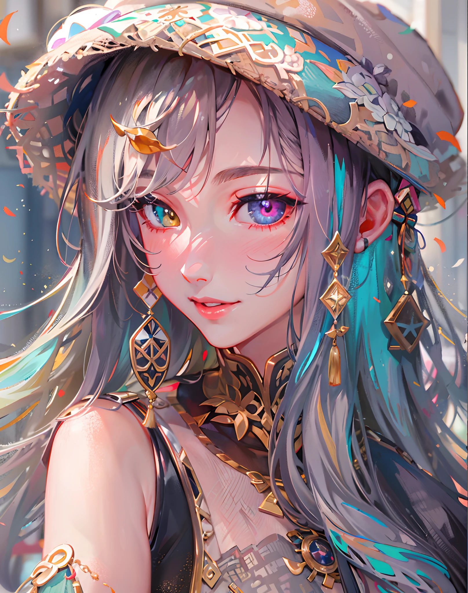 {{Masterpiece}},Best quality at best,Very detailed CG unity 8K wallpaper,Sweet Chinese girl,电影灯光,lens flare glow,beatiful detailed eyes,Close-up,facial closeups,eye closeup,black in color,side looking,multicolour hair,Colorful light,particulate,Heterochromia,(a color:1.5),(The color hair:1.5),perfect bodies,Perfect face,fashionable attire,clothes see-through,There is light in the eyes,Colored shiny spots,Bright eyes,Smile sweetly,Blushlush