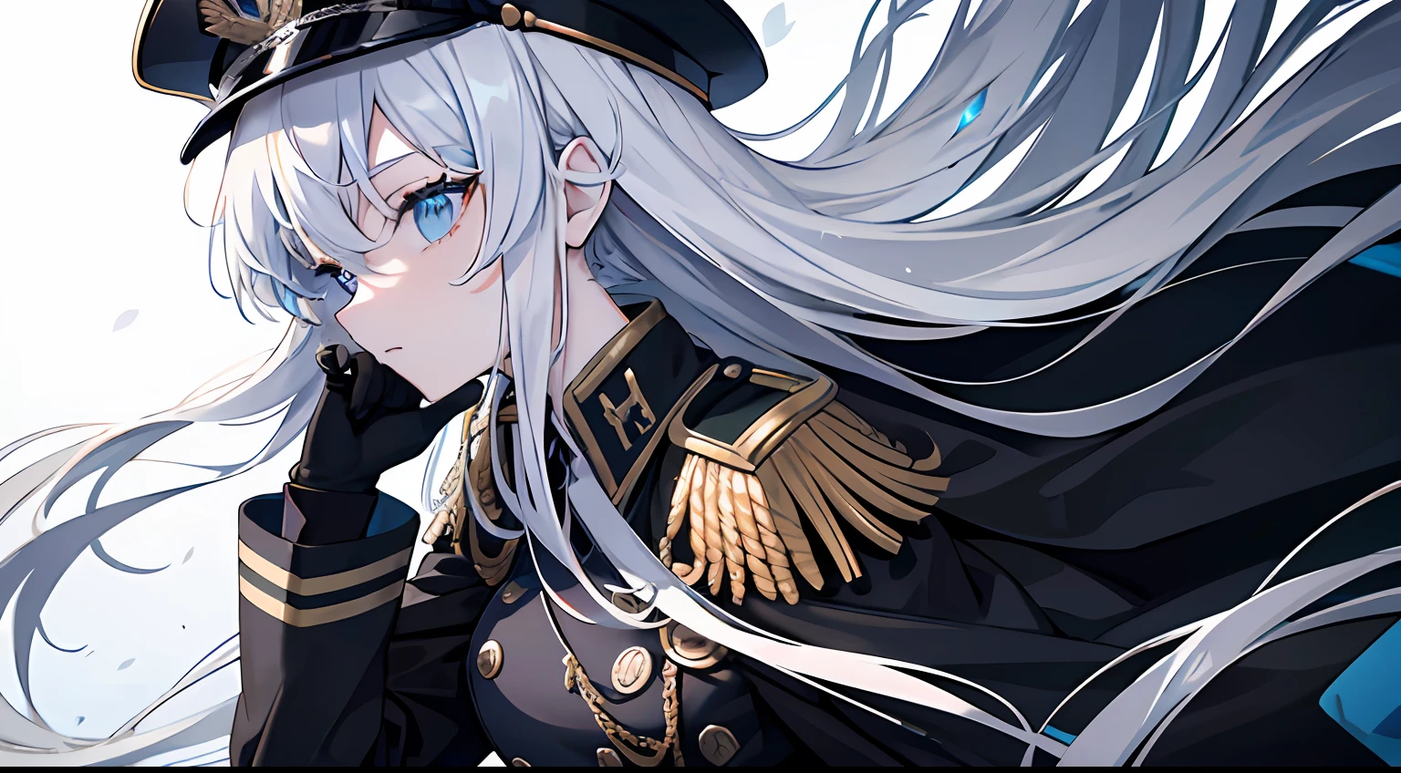Hyper-detailing,A high resolution,best qualtiy,8k wallpaper,Black military uniform,,Blue pupil,Long white hair,Perfectcomposition,Soft hair,Majesty,expressiveless,black glove,Badges,Broken battlefield