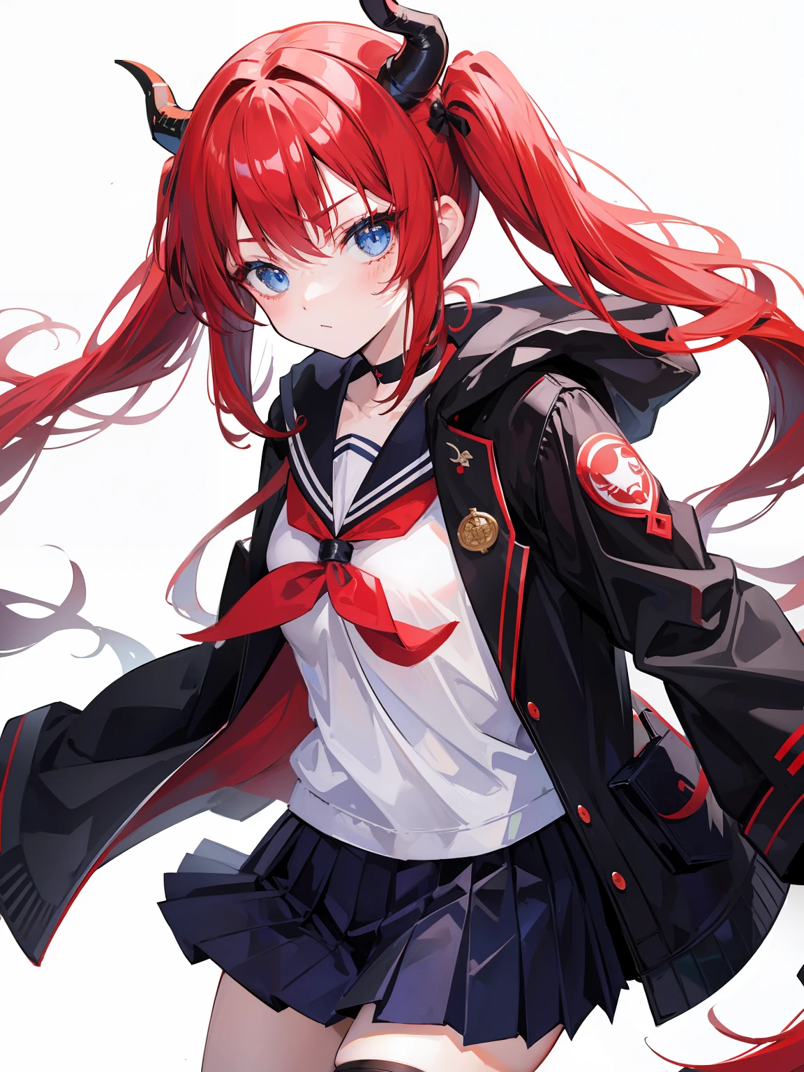 red hair, blue eyes, twintails, Sailor suit,black coat, Dragon horns,Pleated skirt,solo,loli,cute,bow