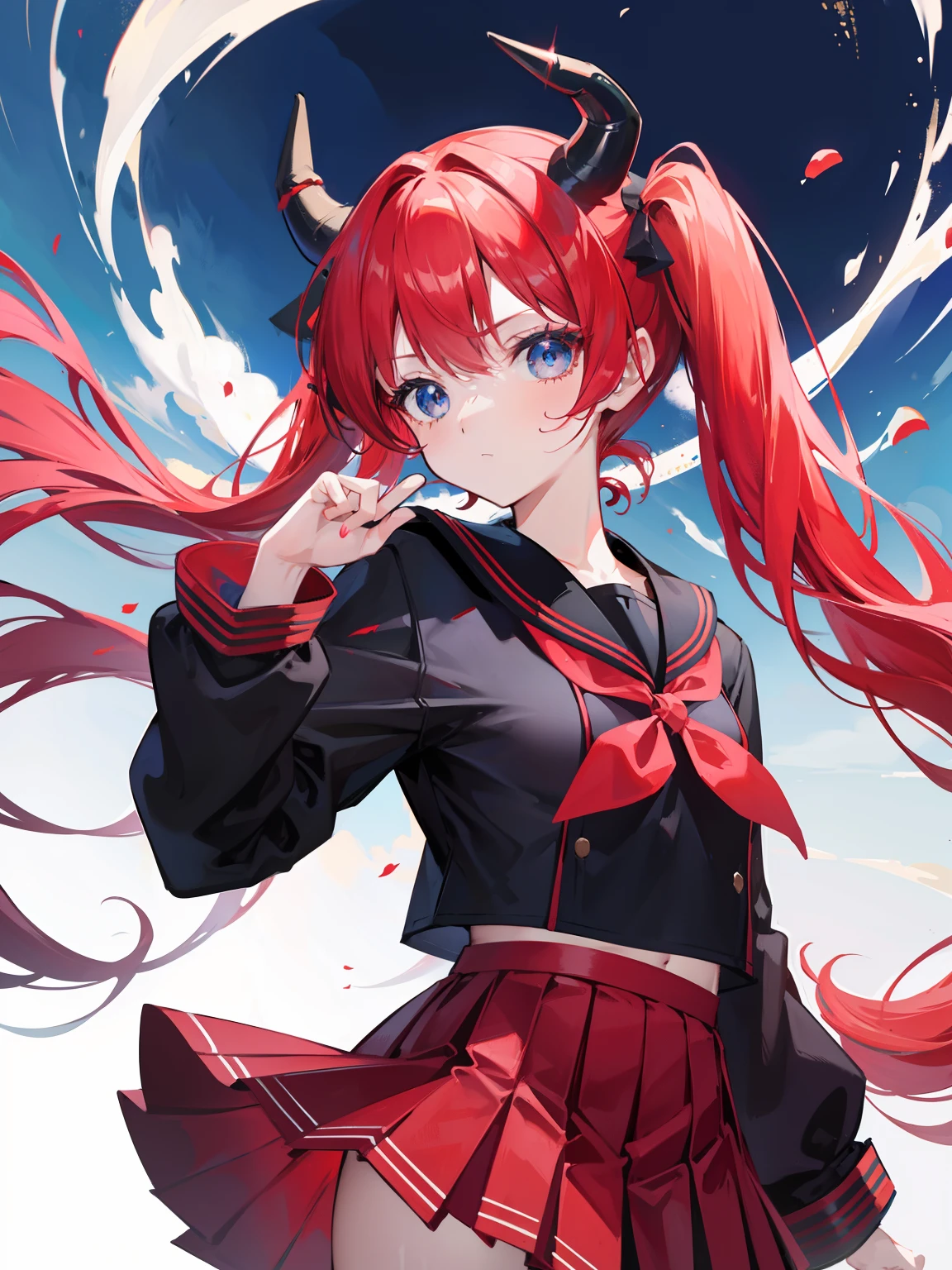 red hair, blue eyes, twintails, Sailor suit,black coat, Dragon horns,Pleated skirt,solo,loli,cute,bow