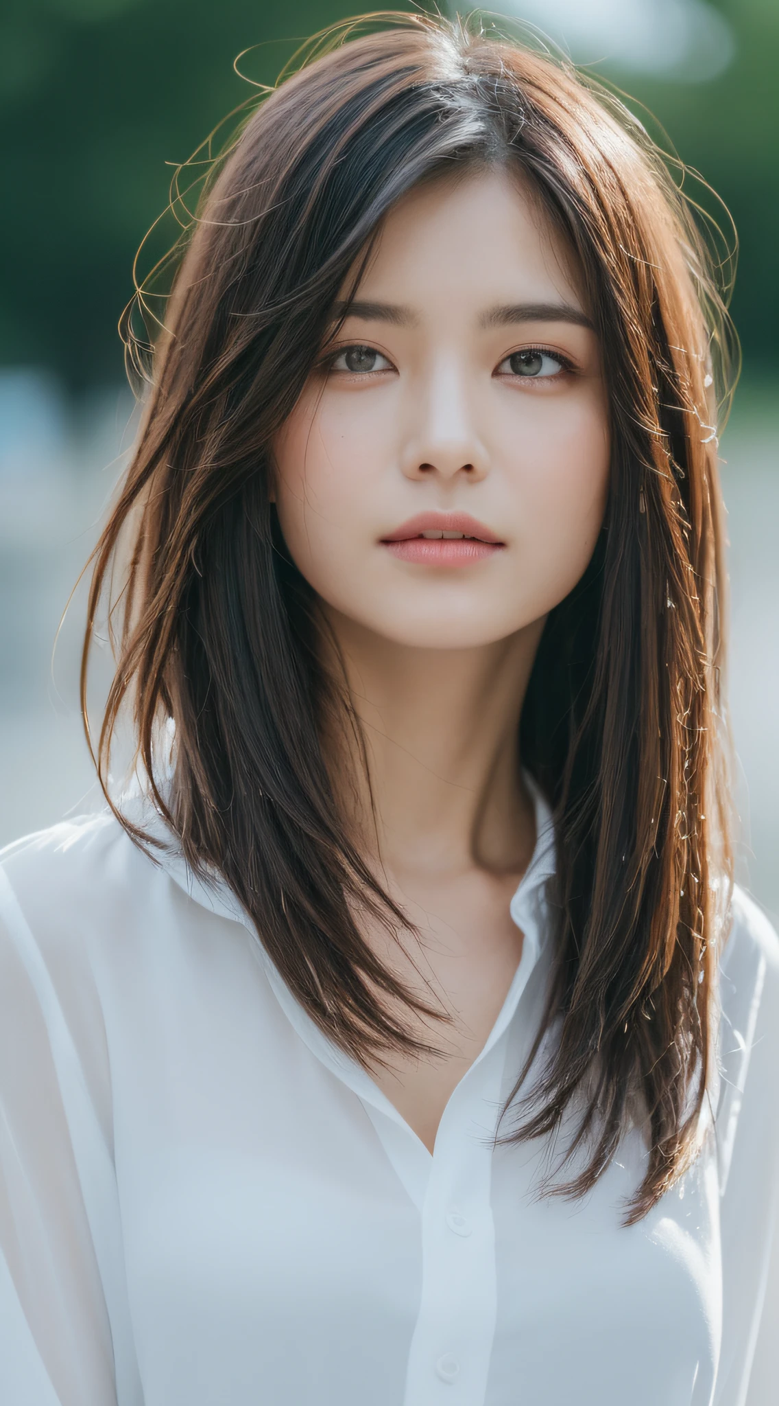 masterpiece, highest quality, 8k, 20th Generation, Big Breasts, cute, alone, sad, cute, Girlish, cute、Delicate girl, Pure beauty, RAW Photos, Professional photography, Portraiture, Soft Light, Professional Lighting, Backlight, Head to knee photo, avert your eyes, Sophisticated, Film Grain, (Round face、Young Face、Thin eyebrows、Thin lips:1.0), Floating Hair, beautiful, Flowing hair, bangs, White gathered blouse、pastel cardigan、(Big Breasts:1.2)、The chest is slightly visible、Micro Mini Skirt、Voluptuous thighs、dolly make、Heterochromia iridis、Left and right eyes are different colors、Midsummer sky、Cumulonimbus、Summer beach