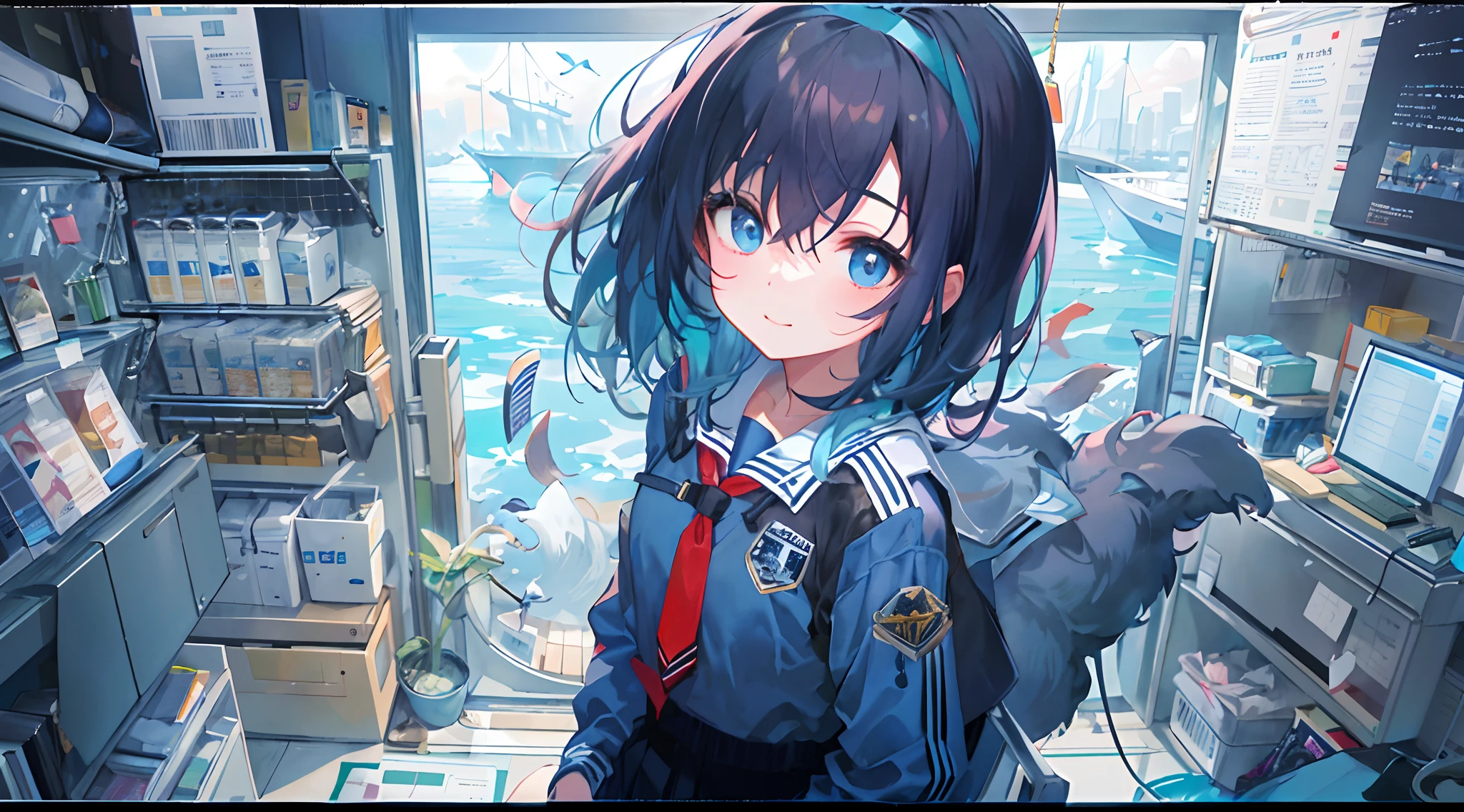 ((top-quality)), ((​masterpiece)), ((ultra-detailliert)), (extremely delicate and beautiful), girl with, 独奏, cold attitude,((Black jacket)),She is very(relax)with  the(Settled down)Looks,A dark-haired, depth of fields,evil smile,Bubble, under the water, Air bubble,bright light blue eyes,Inner color with light blue hair and dark blue tips,Cold background,Bob Hair - Linear Art, shortpants、knee high socks、White uniform like school uniform、Light blue ribbon ties、Clothes are sheer、Hands in pockets