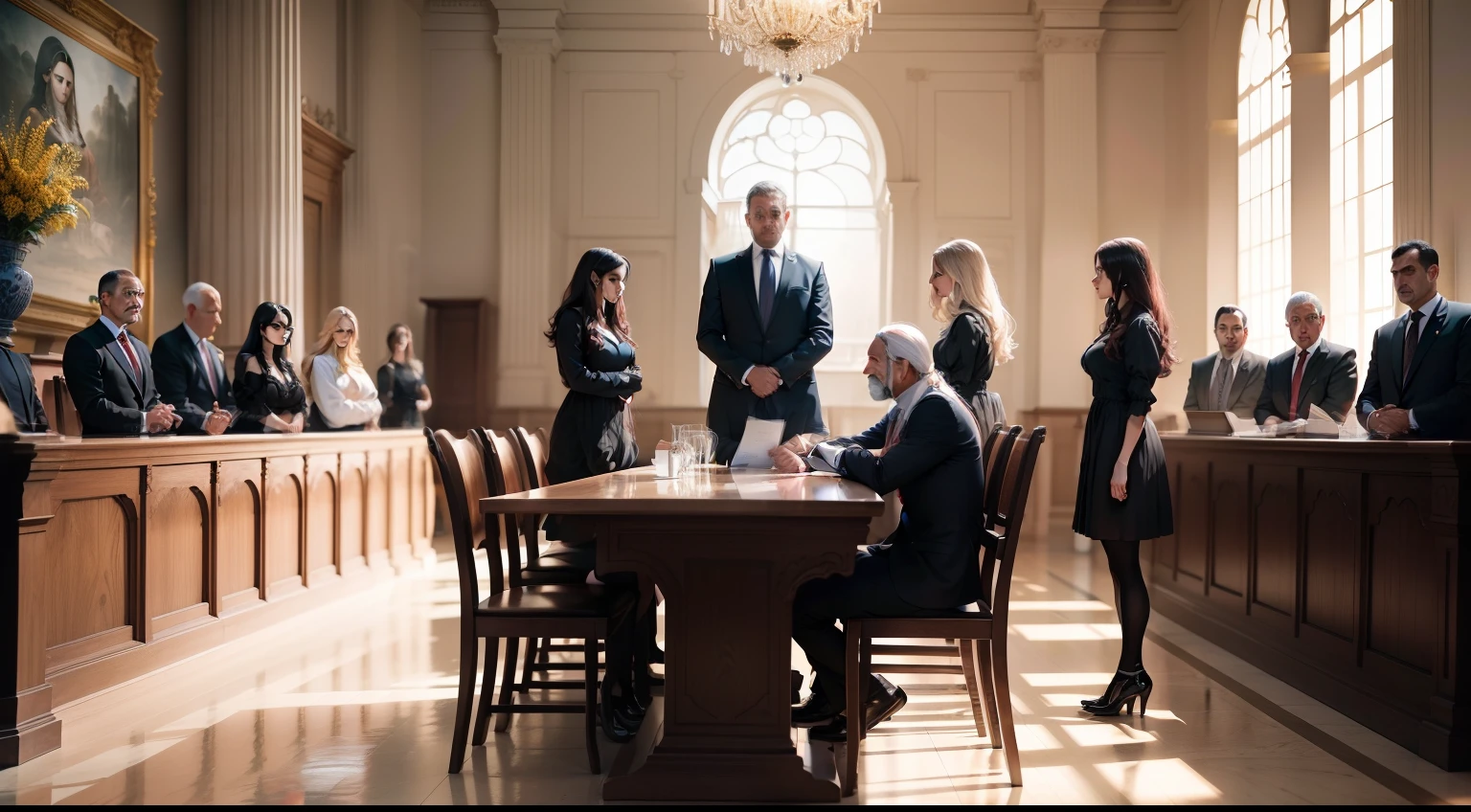 (extremamente detalhado CG, obra-prima, melhor qualidade), impeccable lighting, Portrait of people in a court of law, serious facial expressions, roupas formais, sala de tribunal bem decorada, juiz de destaque, advogados discutindo, advogado com martelo, incerteza no ar, sober color palette. imagem realista