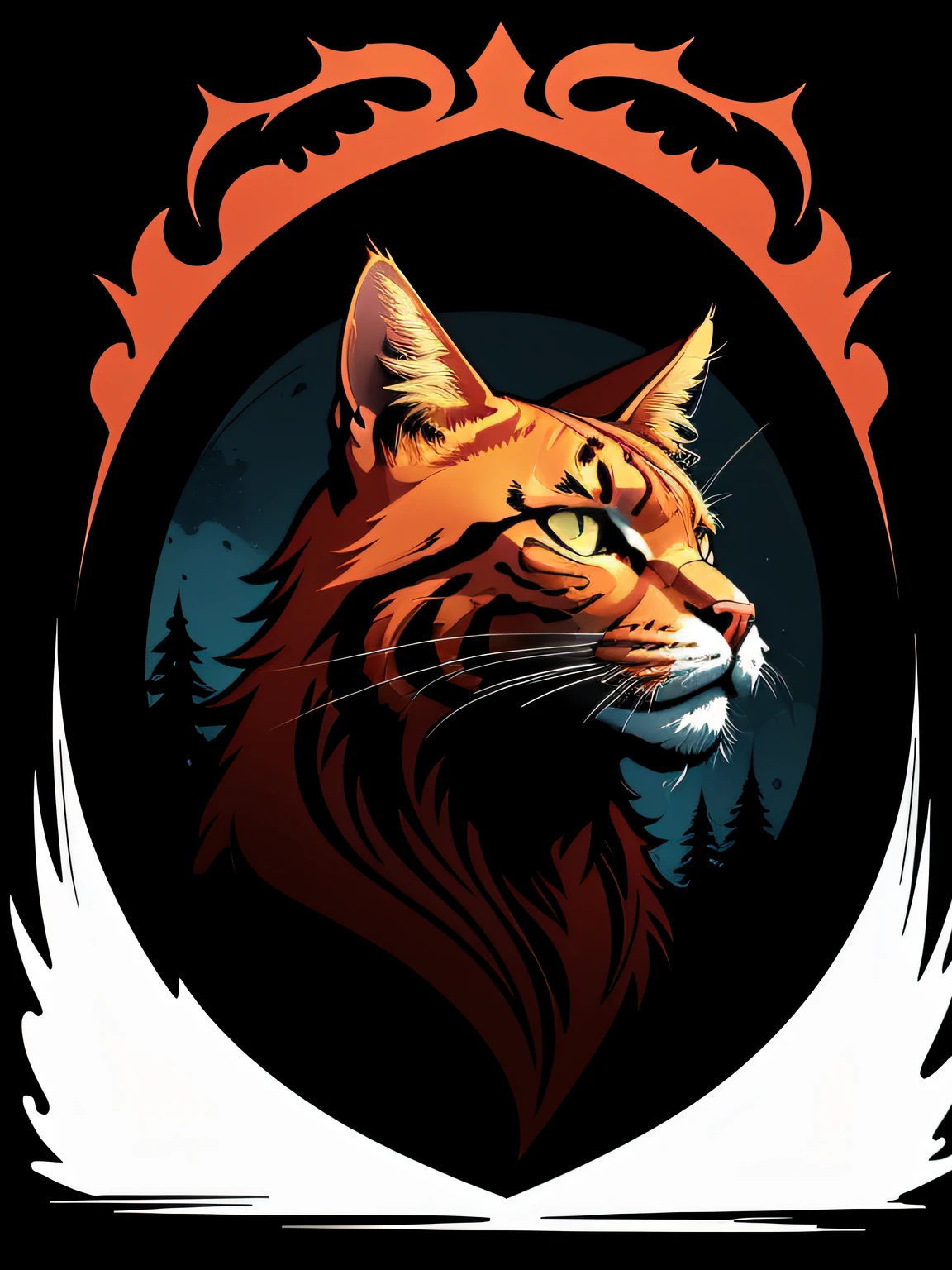 [red cat] Heraldic silhouette, logo masking style illustration, by dan mumford, by greg rutkowski, by james jean, black background, mysterious, realistic, majestic, rich vibrant colors, high contrast, seamless water brand, artstation, deviantart, dribble, redbubble, teepublic, sharp focus, simple, hyper detailed, detailed drawing, vectorize, outline, isometric style, 8k."