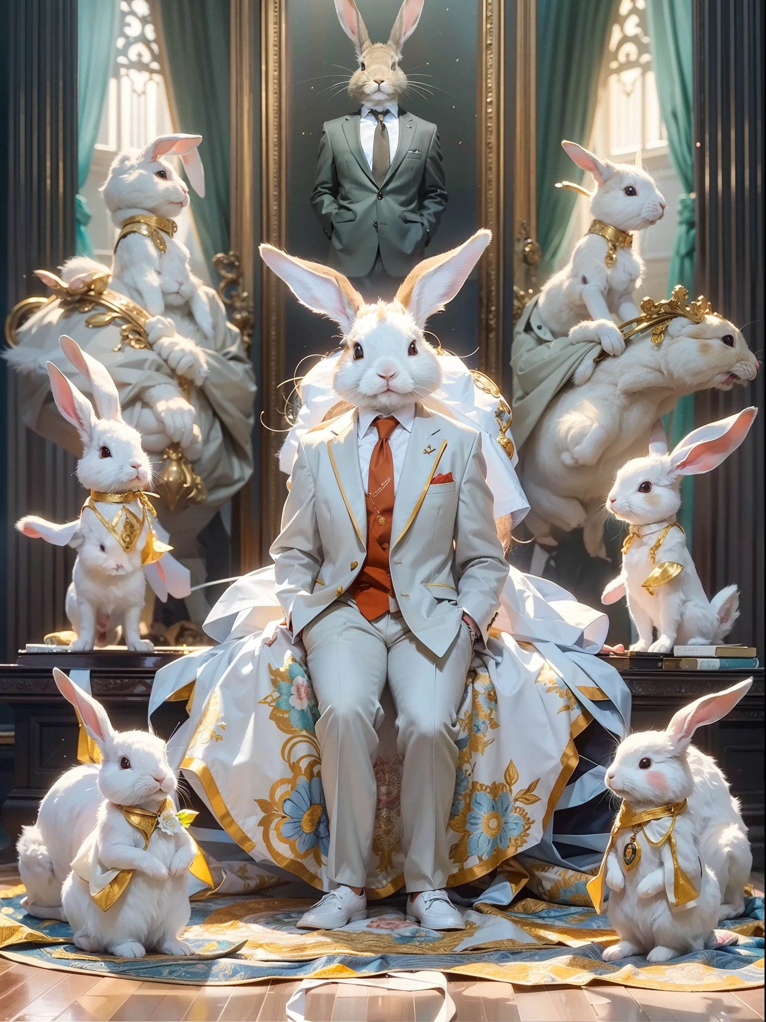 (Rabbit in luxury business suit、Upright rabbit、Humanoid rabbits、、Full body photo、Rabbit in a pose、Cool anthropomorphic rabbit)、masterpiece, top-quality, in 8K , intricate detailes, ultra-detailliert , light Particle、32K Digital Paint, Hyper-Realism, Abstract background:1.3, colourfull:1. 3, Zentangle:1.2、