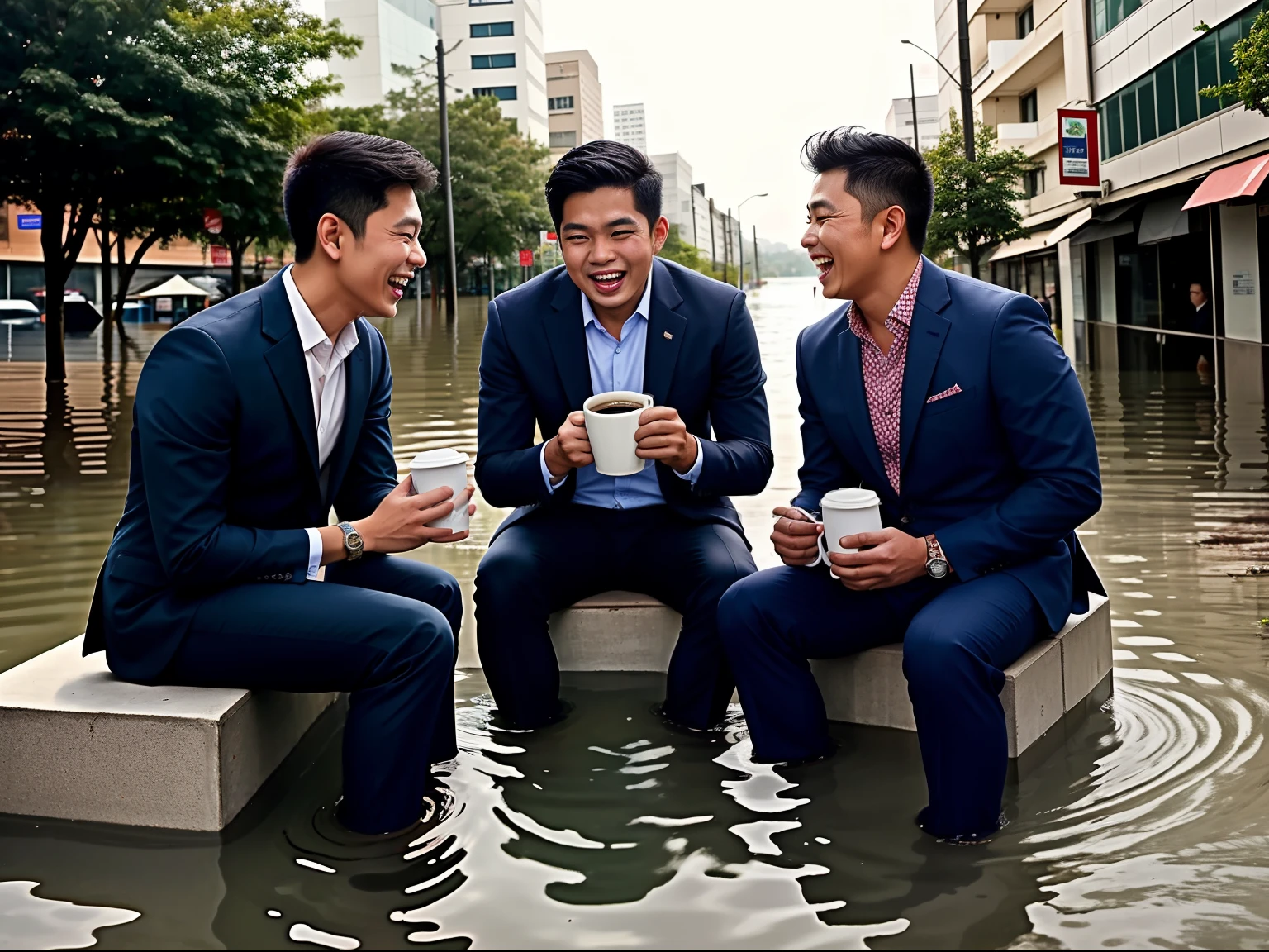 3 malay men seating in office outfit drinking coffee in flood city street, wear suit, realistic face, detail face, laughing and happy, matured men, bright lighting, ultra detail photography, flooded city in background,
