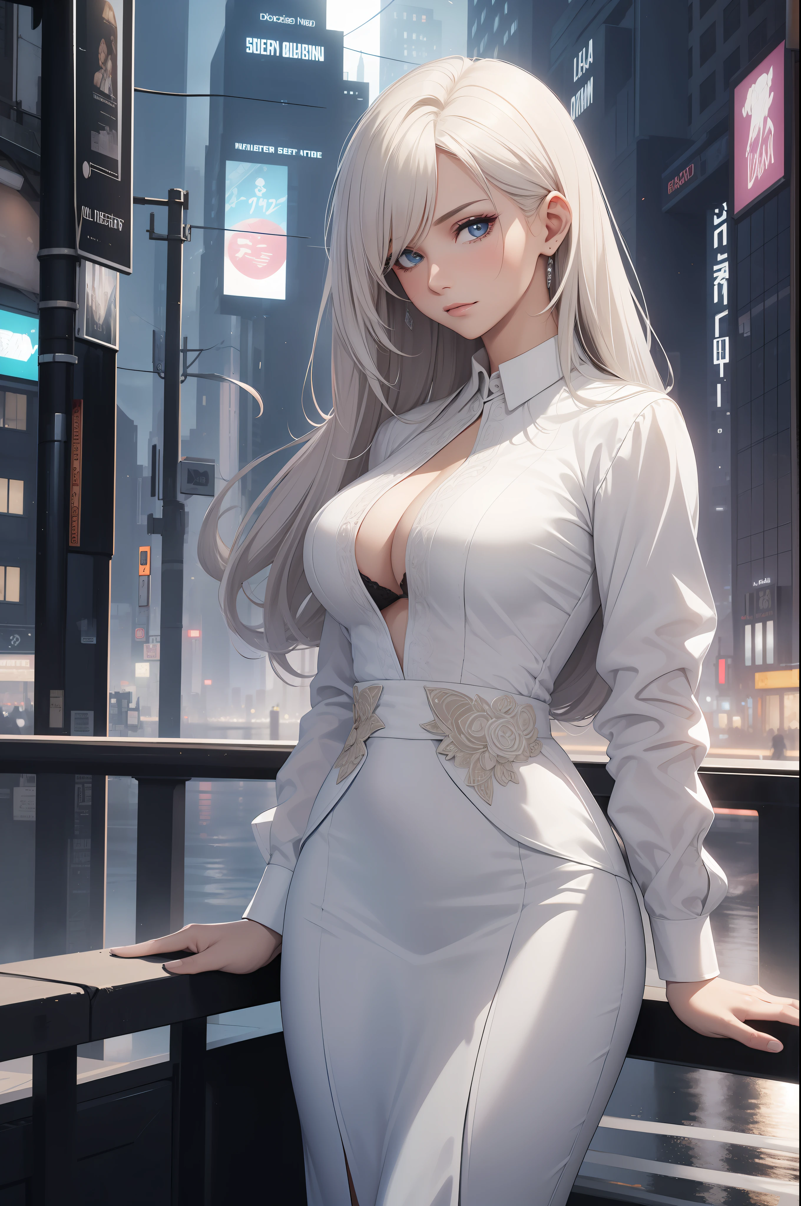 best quality, beautiful sexy mature woman, perfect, flawless, detailed, intricate, white formal shirt, dystopian city, night