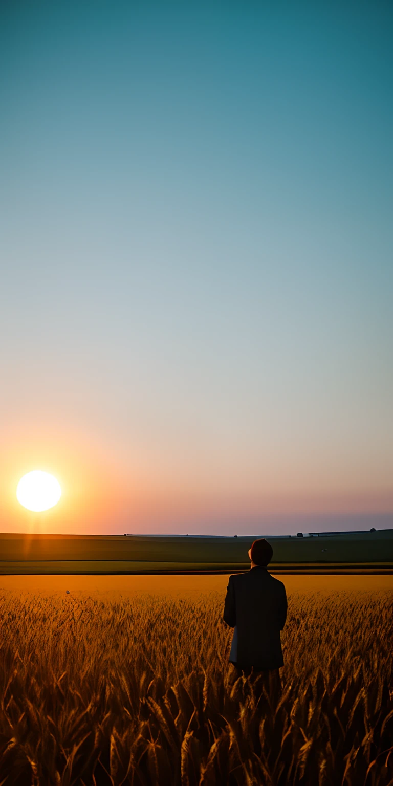 Dusk sun man back woman listening to wheat field men and women facing each other