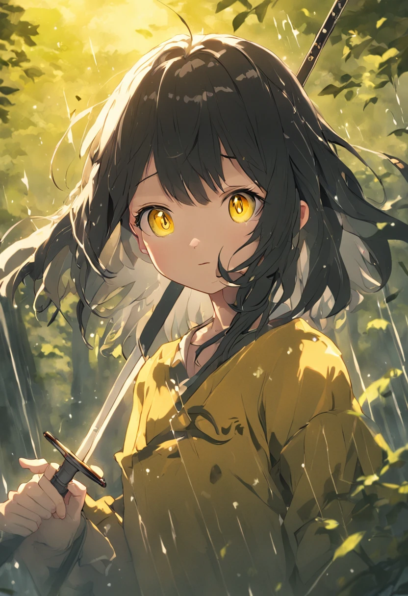 in woods、yellow eyes、Dark hair、Cool Woman、Squinting at the splash of rainwater、Point your sword at the camera、