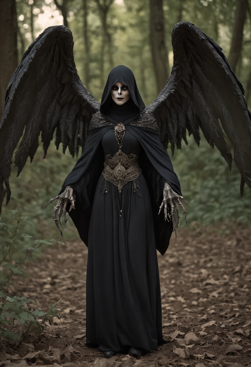 Full body, (Numerous award-winning masterpieces, with incredible detail, textures and maximum detail), (hyper realistic:1.4), (realistic:1.3), (best quality real texture skin), (finely detailed true circle eyes), (finely Detailed and beautiful face:1.6), ((medieval world)), (grim reaper:1.4), (icy look in the eye),), (Full-length portrait:1.5), (It has a soul-reaping scythe in its hand:1.5), (Eyes that glow red in the dark), (Dramatic Light), (full-body standing image:1.5), (A majestic sight), Her countenance is gentle and beautiful, but somehow terrifying, (Large wings with ragged black feathers behind shoulders:1.3), (Wears a dark black hooded robe with intricate patterns:1.2), (A sack containing reaped souls with a faint glow:1.3), Folded wings, Earrings with a skull pattern, (Followed by Skeleton Reaper: 1.3), (((dramatic photo))), (twilight), (sunset), (dusk), ((dramatic pose)), (flamboyant photo), (golden hair), (silver hair), (chestnut hair), ((looks up)), ((looking down)), (gives full-body standing image:1.5), (Around her neck is a simple necklace of exquisite workmanship), Forgotten Tomb Overgrown with Vegetation, Great Tomb, Underground Labyrinth, Evil Temple Ruins, Sacrificial Temple, Mysteriously, (Magic Circle of Ominous Shine:1.2), Ancient Castle Ruins, Deserted Graveyard Ruins, Crumbled Ancient Tomb, Stagnant Water Ancient Ruins, Swamp Ruins, wavelets, running water, Shining majestic cloud masses and sky, lightning bolt, scenery, horror art