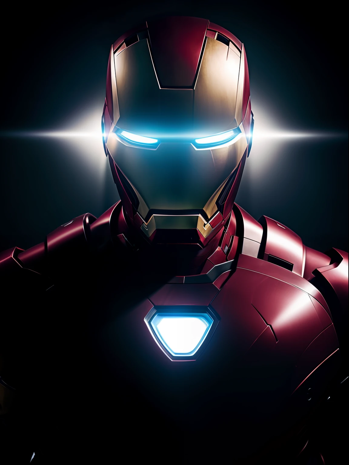 Iron Man in dark room, backlit portrait, chiaroscuro portrait, low-key, dark portrait, high contrast dramatic lighting, dramatic portrait, dark moody backlighting, low key dramatic lighting, portrait soft low light, portrait.