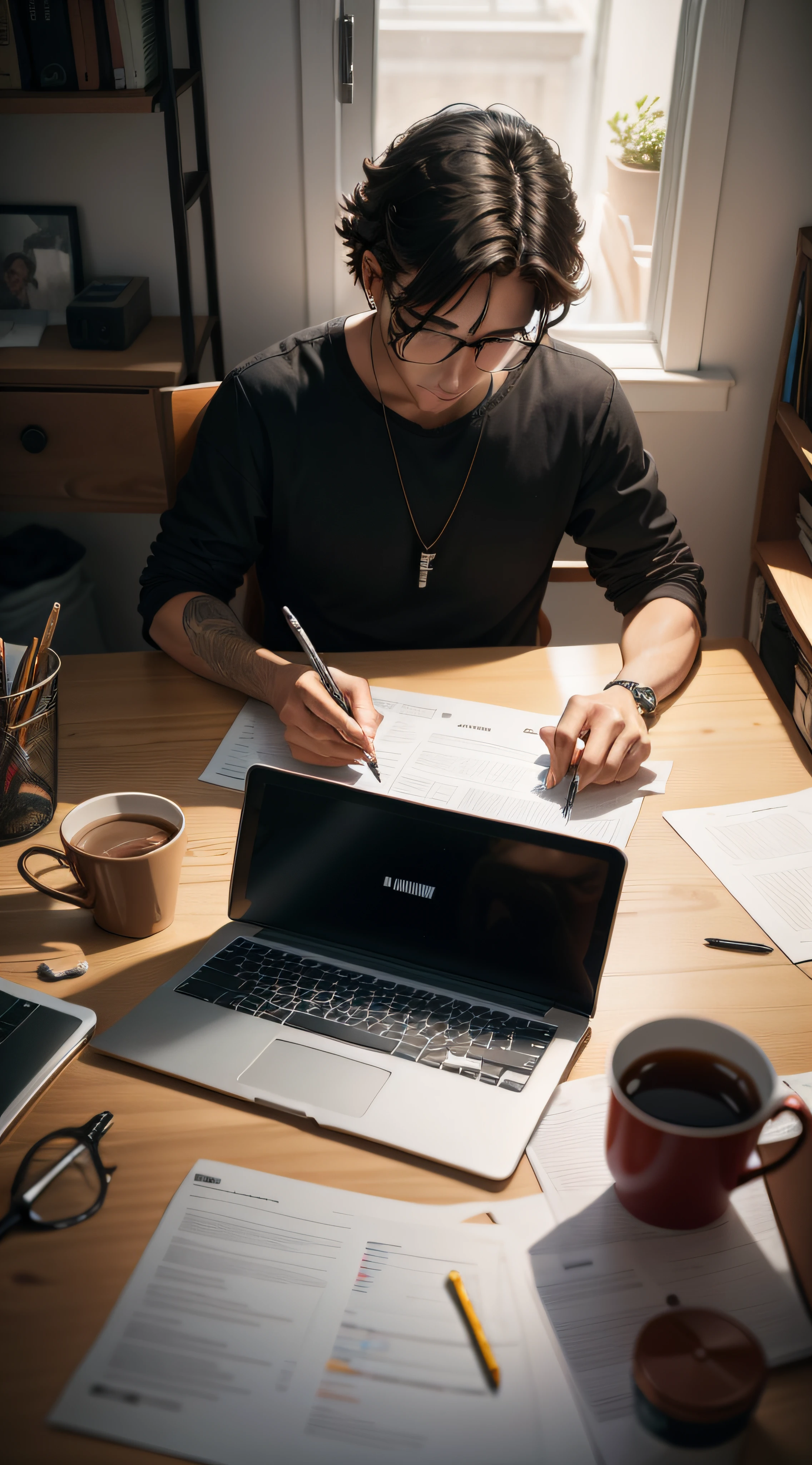 Arafed man sitting at a desk with a laptop and a pen - SeaArt AI
