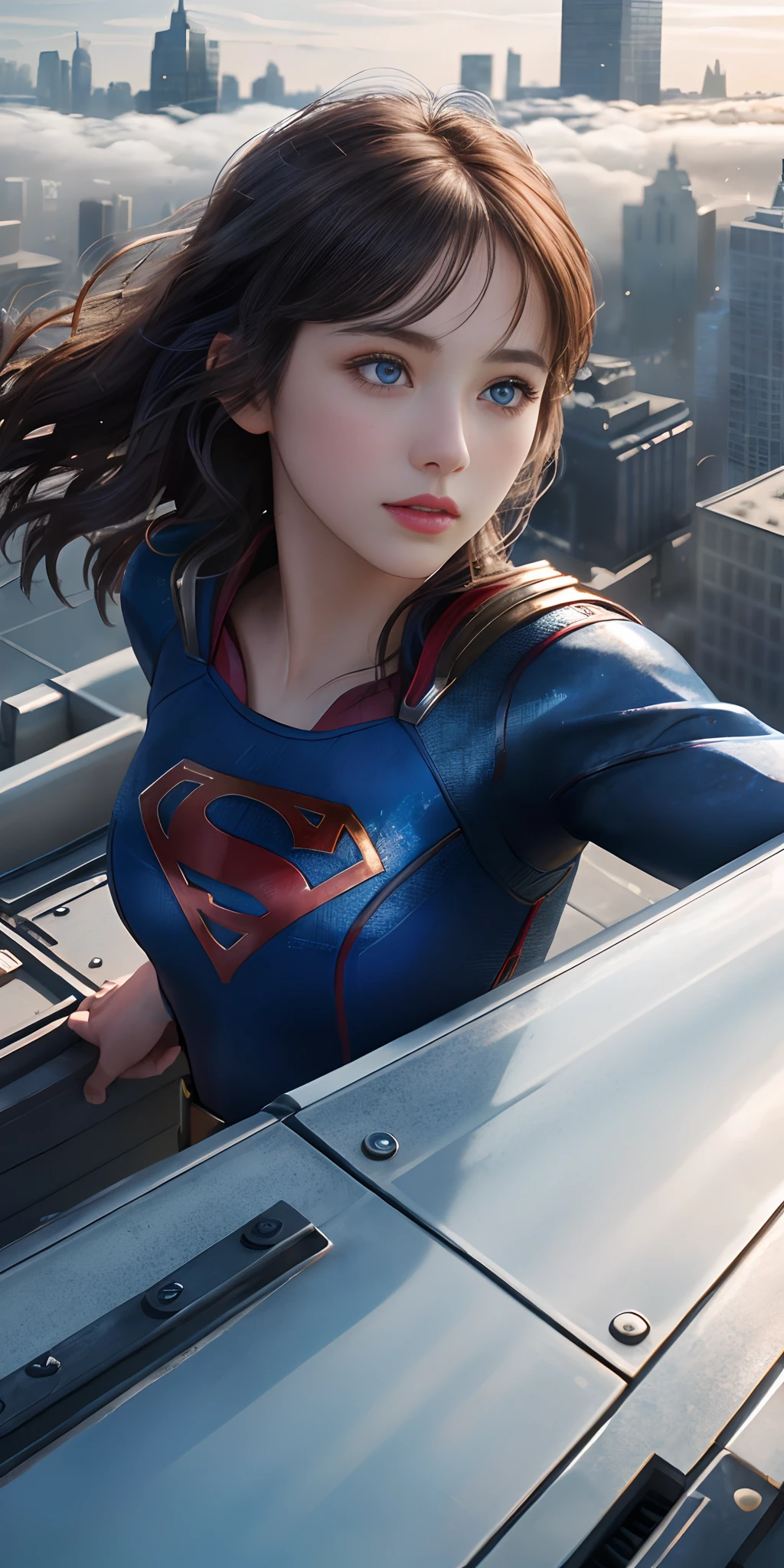(1girl:1.3), Solo, (((Very detailed face)))), ((Very detailed eyes and face)))), Beautiful detail eyes, Body parts__, Official art, Unified 8k wallpaper, Super detailed, beautiful and beautiful, beautiful, masterpiece, best quality, original, masterpiece, super fine photo, best quality, super high resolution, realistic realism, sunlight, full body portrait, amazing beauty, dynamic pose, delicate face, vibrant eyes, (from the front), She wears unique Supergirl suit, red and blue color scheme, unique design, very detailed city roof background, rooftop, overlooking the city, detailed face, detailed complex busy background, messy, gorgeous, milky white, highly detailed skin, realistic skin details, visible pores, clear focus, volumetric fog, 8k uhd, DSLR, high quality, film grain, fair skin, photo realism, lomography, futuristic dystopian megalopolis, translucent