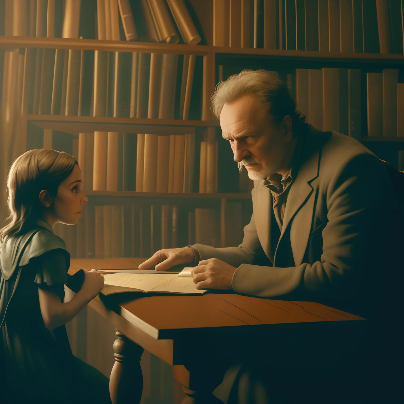 There is a man and a girl sitting at a table, Tolkien e Michael Komarck, ainda de um filme live action, cena do filme live action, filme muito realista ainda, Directed by: Daniel Ljunggren, the librarian, captura de tela de um filme, ainda de um filme, JRR Tolkien, Guilherme Joyce, Ainda de um filme de Ridley Scott, ainda do filme