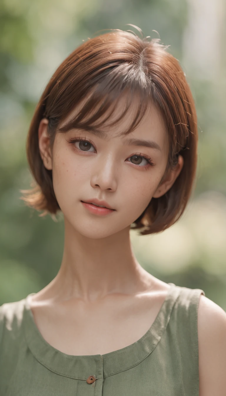 ​masterpiece、Cinematic portrait photography、octan render、8K、1girl in、sixteen years old、Calm、(Eye for realistic details、natural skin textures、Realistic face details)、Soft dramatic lighting、depth of fields、bokeh dof、vibrant detail、finely detail、Surreal、Hazy blur、filmg、femele、Brown hair、Brown eyes、Short bob hair、Wearing square-framed glasses、Seductive smile, Green Jersey、pleatedskirt、Yellow and green color scheme、dynamic compositions、fighting poses, underboob