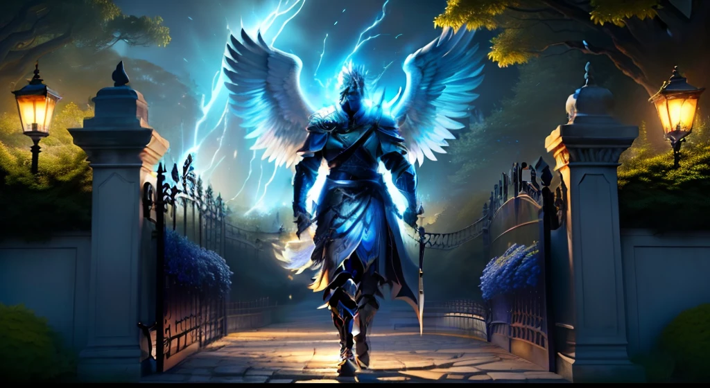 (Anjo homem forte com asas grande segurando uma espada de fogo) (facing a large gate all lit up) (in a garden full of trees) (It has no construction) (anjo grande) (visto de cima) (Anjo de Deus) (portao fechado e grande) (Imagem em 8K) (anjo para frente)