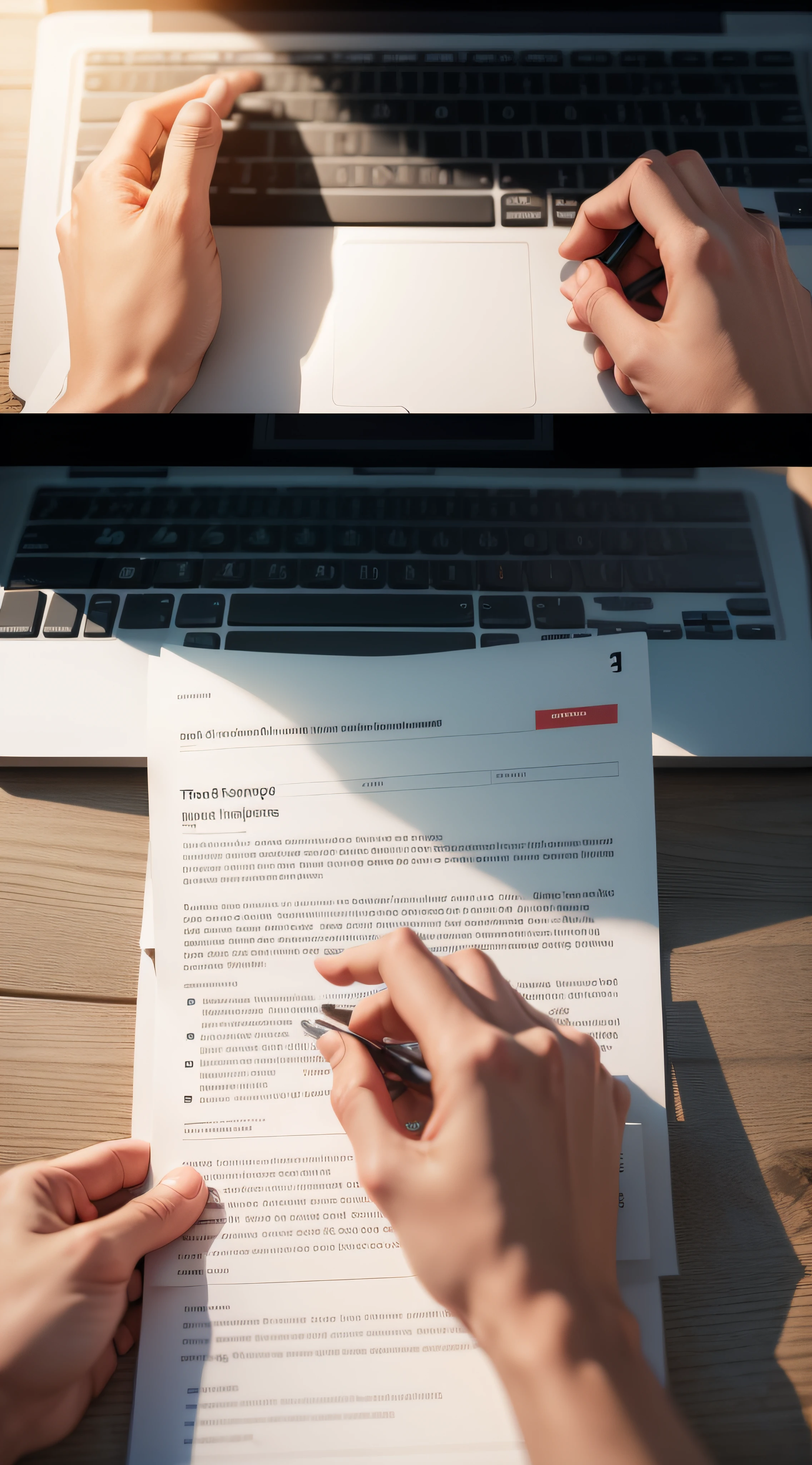 A quick montage of hands typing on a keyboard, highlighting important points on an article, recording a video, and designing an infographic