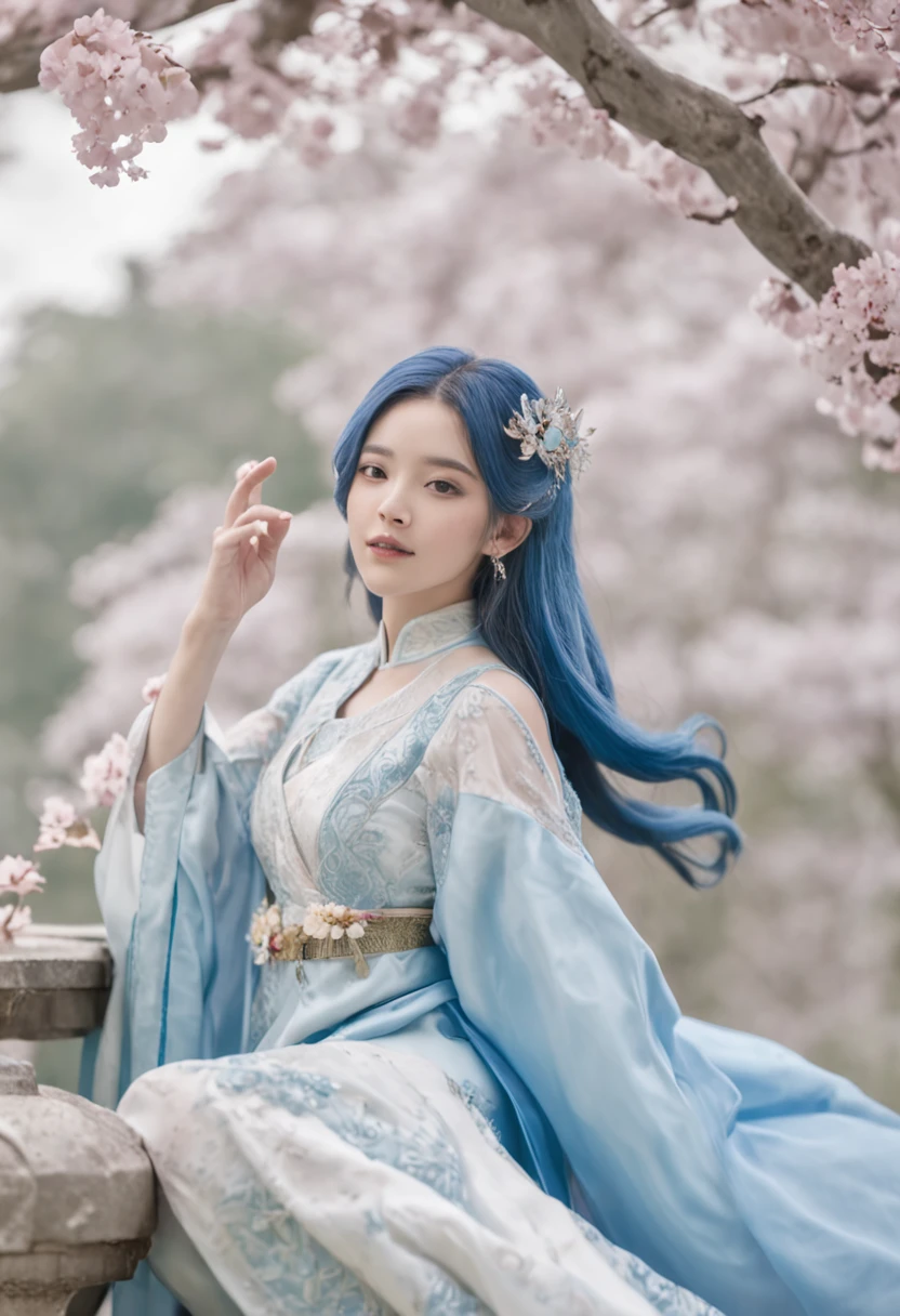 （in a panoramic view，Whole body diagram：1.5），（1 delicate girl playing on the swing），（Vine swing，Anime girl with blue hair and white dress with flower crown，palaces，hanfugirl），（Guviz-style artwork，Guvitz，inspired by Leng Mei，A beautiful fantasy queen，Inspired by Lee Mei Shu，Popular on CGstation，Inspired by Ai Xuan，Blue and white Hanfu，High heels，a beautiful fantasy empress：1.5），（A flowing dress，conservative girl，cloud goddess，Flowing blue and white patterned fabric，wearing flowing dress，Realistic）， (Wind: 1.5)，(full bodyesbian:1.5)，（senior color matching，gradient backgrounds，white backgrounid）