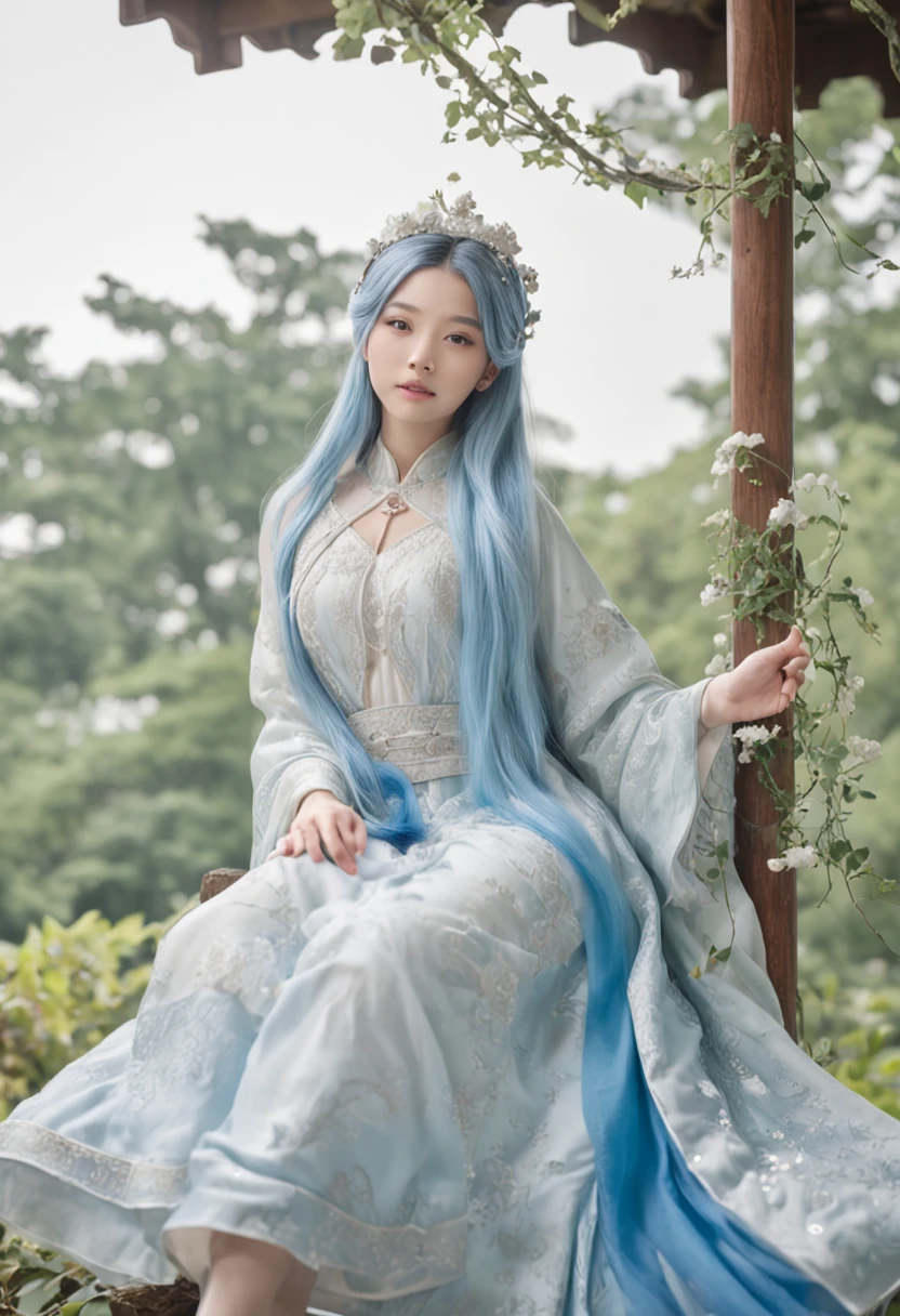 (in a panoramic view,Whole body diagram:1.5),(1 delicate girl playing on the swing),(Vine swing,Anime girl with blue hair and white dress with flower crown,palaces,hanfugirl),(Guviz-style artwork,Guvitz,inspired by Leng Mei,A beautiful fantasy queen,Inspired by Lee Mei Shu,Popular on CGstation,Inspired by Ai Xuan,Blue and white Hanfu,High heels,a beautiful fantasy empress:1.5),(A flowing dress,conservative girl,cloud goddess,Flowing blue and white patterned fabric,wearing flowing dress,Realistic), (Wind: 1.5),(full bodyesbian:1.5),(senior color matching,gradient backgrounds,white backgrounid)