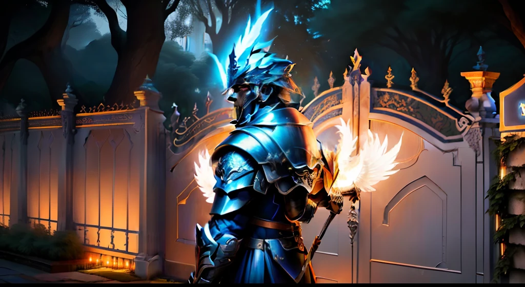 (Anjo homem forte com asas grande segurando uma espada de fogo) (facing a large gate all lit up) (in a garden full of trees) (It has no construction) (anjo grande) (visto de cima) (Anjo de Deus) (portao fechado e grande) (Imagem em 8K) (anjo para frente)
