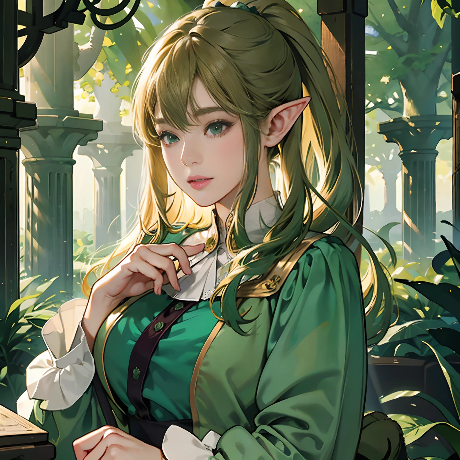 Women in Their 20s, offcial art, unity 8k wall paper, ultra-detailliert, beautifly、Aesthetic, ​masterpiece, top-quality, Photorealsitic, Female Elf、Dark green eyes、Long Blonde Hair、poneyTail、Pointed ears、Dark green costume、Light green blouse、Gold brooch、golden hair ornaments、Big magic wand:2.0、Big bag、depth of fields, Fantastic atmosphere, Calm palette, tranquil mood, Soft shading、Ruins in the forest、Ruins covered in vegetation、Crumbling stone statue、Green Tree々、Beautiful Landscapes、bbw、very large breast、plump figure、Herd of rabbits