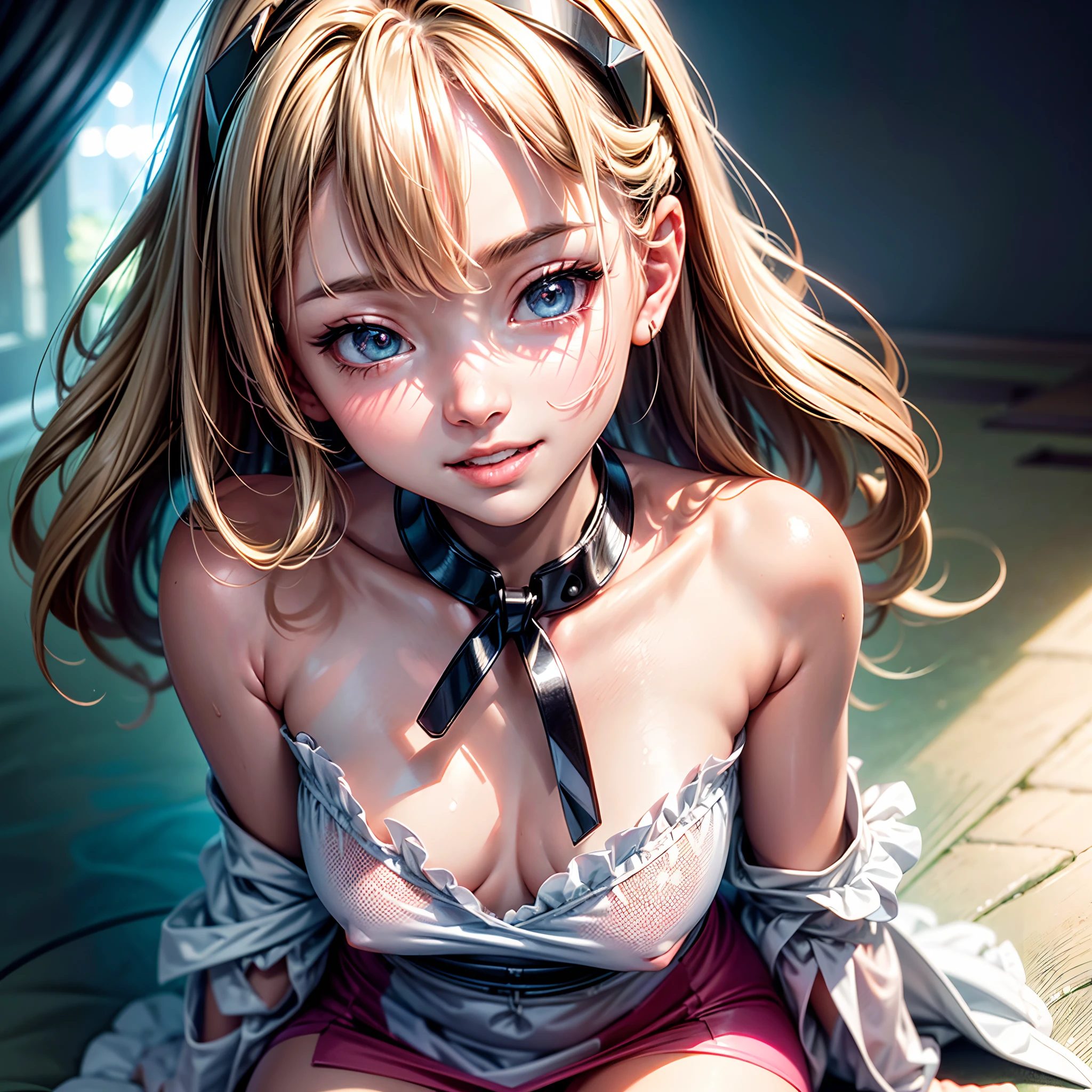 (masterpiece:1.1), (best quality:1.2), (artwork:1.1) of (cyber female, virtual reality, flirty, smiling wide, open mouth, pink, yellow, light yellow, azure, big eyes:1), crepuscular rays, (floating short hair, natural skin, modern haircut, pouty lips, portrait), (crisp:1.1), (ultra detailed, ultra detailed cg neon scenic background), centered, colorful, glowing, (depth of field), wavy hair, finely detailed, (edge detection:1), (120mm), beautiful eyes, (intense lighting:1.1), (ultrasharp), fine art, creative, face, bokeh, photographed on a Fujifilm GFX 100S, light caustics