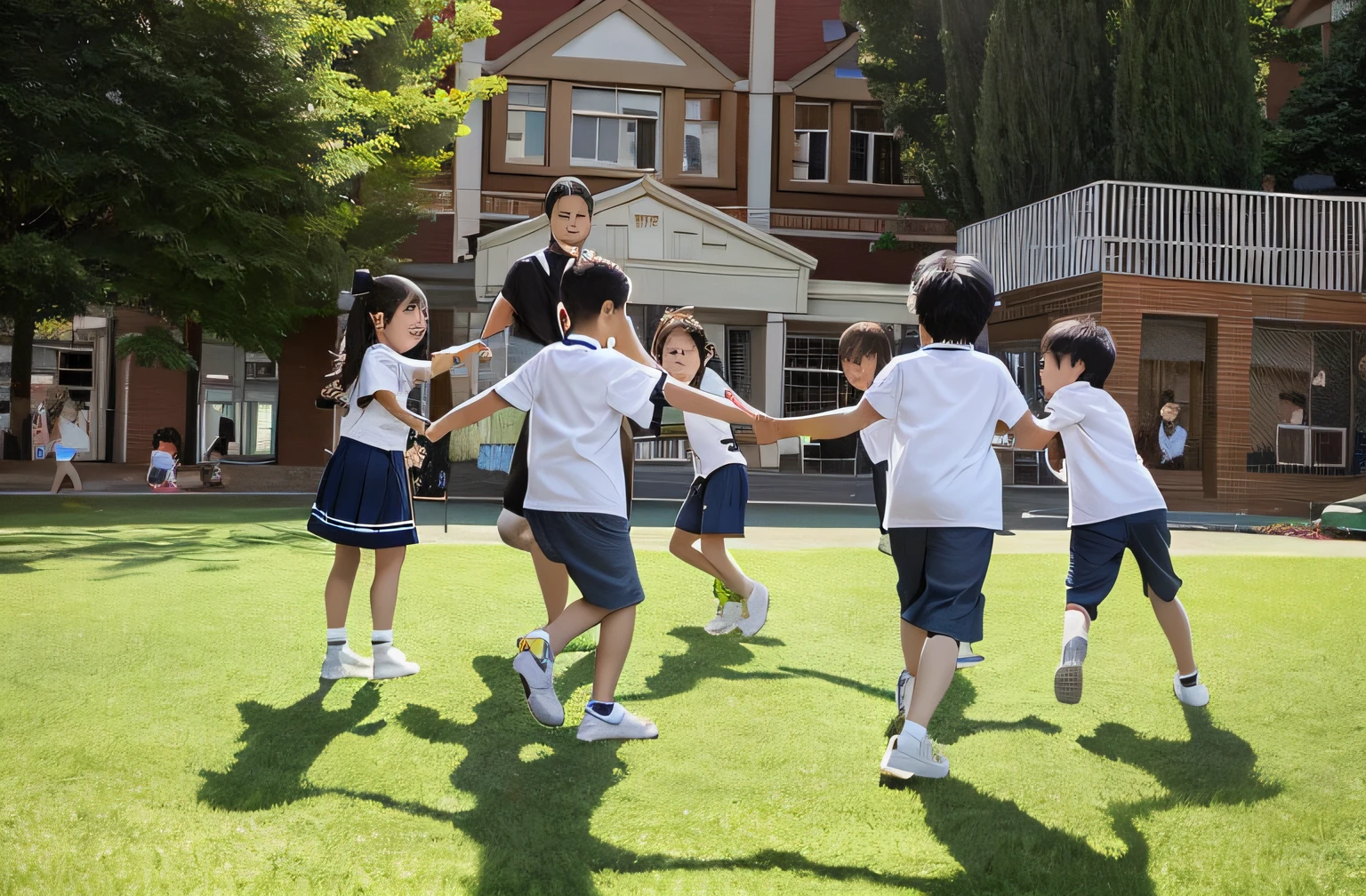a boy and a girl kindergarten students in school uniform playing catch outside the classroom in the school lawn