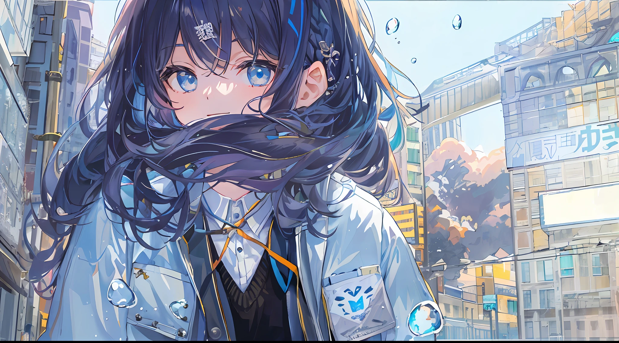 ((top-quality)), ((​masterpiece)), ((ultra-detailliert)), (extremely delicate and beautiful), girl with, 独奏, cold attitude,((Black jacket)),She is very(relax)with  the(Settled down)Looks,A dark-haired, depth of fields,evil smile,Bubble, under the water, Air bubble,bright light blue eyes,Inner color with light blue hair and dark blue tips,Cold background,Bob Hair - Linear Art, shortpants、knee high socks、White uniform like school uniform、Light blue ribbon ties、Clothes are sheer、Hands in pockets