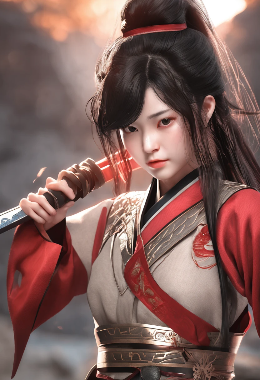 A young female swordsman in ancient China,3D shaped face,Fierce eyes,Fair and delicate skin,Exquisite facial features,Put on lightning。Chinese big knife,Glow,Glow,fire glow,impact,blasts,red colour,Orange colors,Long shots,full bodyesbian,Swoop punch,motionblur,Fine depiction,realistic detail,Complex scenes。hyper realisitc,unreal-engine,3Drenderingof,oc rendered,C4 Du HD,8K -- with 1:1 --s 180 --niji 5