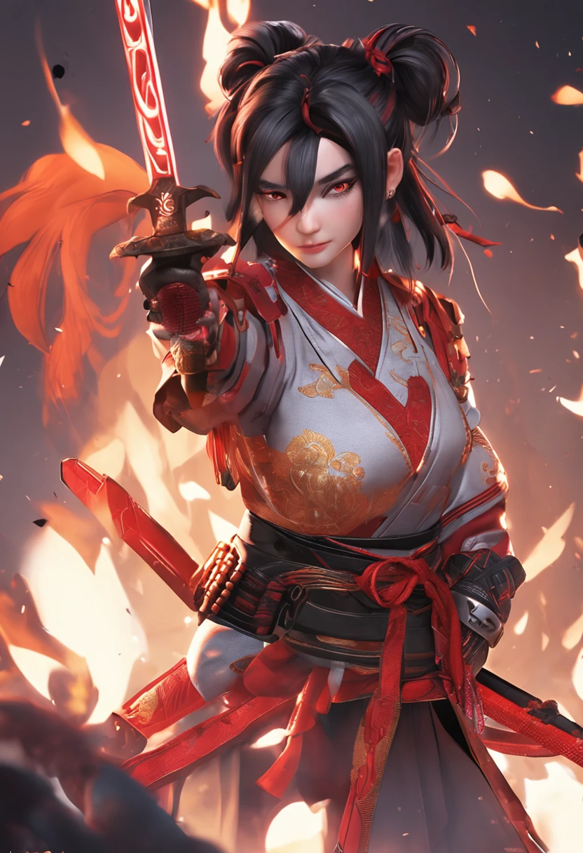 A young female swordsman in ancient China,3D shaped face,Fierce eyes,Fair and delicate skin,Exquisite facial features,Put on lightning。Chinese big knife,Glow,Glow,fire glow,impact,blasts,red colour,Orange colors,Long shots,full bodyesbian,Swoop punch,motionblur,Fine depiction,realistic detail,Complex scenes。hyper realisitc,unreal-engine,3Drenderingof,oc rendered,C4 Du HD,8K -- with 1:1 --s 180 --niji 5