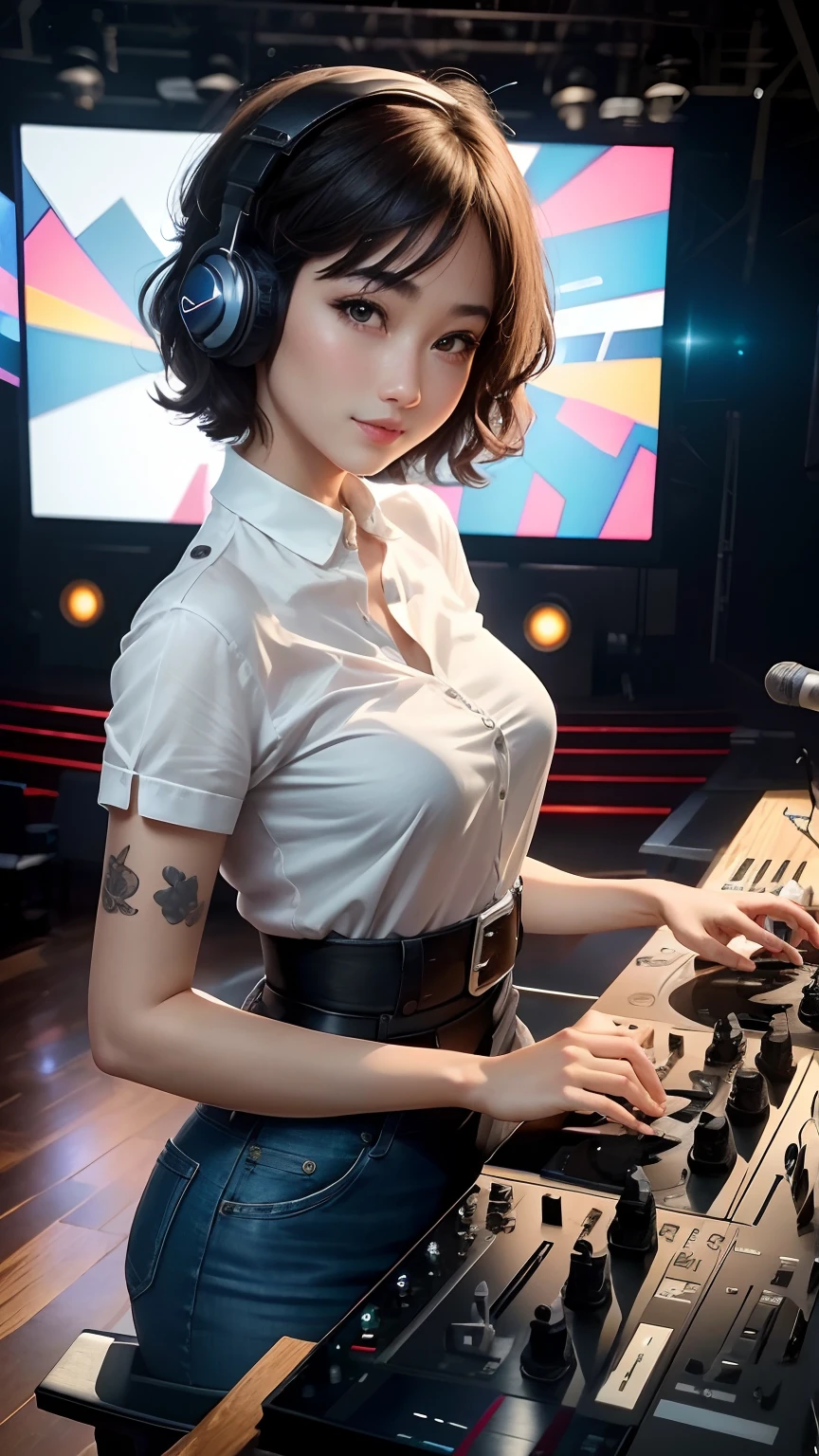 Beautiful short hair cute Chinese ultra modern girl DJ performance, Headsets，Twenty-two years old,(face round:1.3),A shallow shy smile,（large black eyes）,（Very detailed and perfect facial depiction）,(Short dark brown hair coiled:1.1),（A half body:1.2）, （DJ girl playing to the audience on a shiny stage:1.3), One hand on the DJ machine，The other hand dances，White silk shirt, dark blue denim jeans，facing to audience，(From the bottom view side), Excitement and joy,(A variety of flowers:1.2),（surrounded by flower:1.2), beautiful sexy girl,（light and shadow effect）,（vivd colour）,（Obvious layers）,（Photography Award）,（8k wallpaper）,（Masterpiece）,（best qualtiy）,A picture,realisticlying