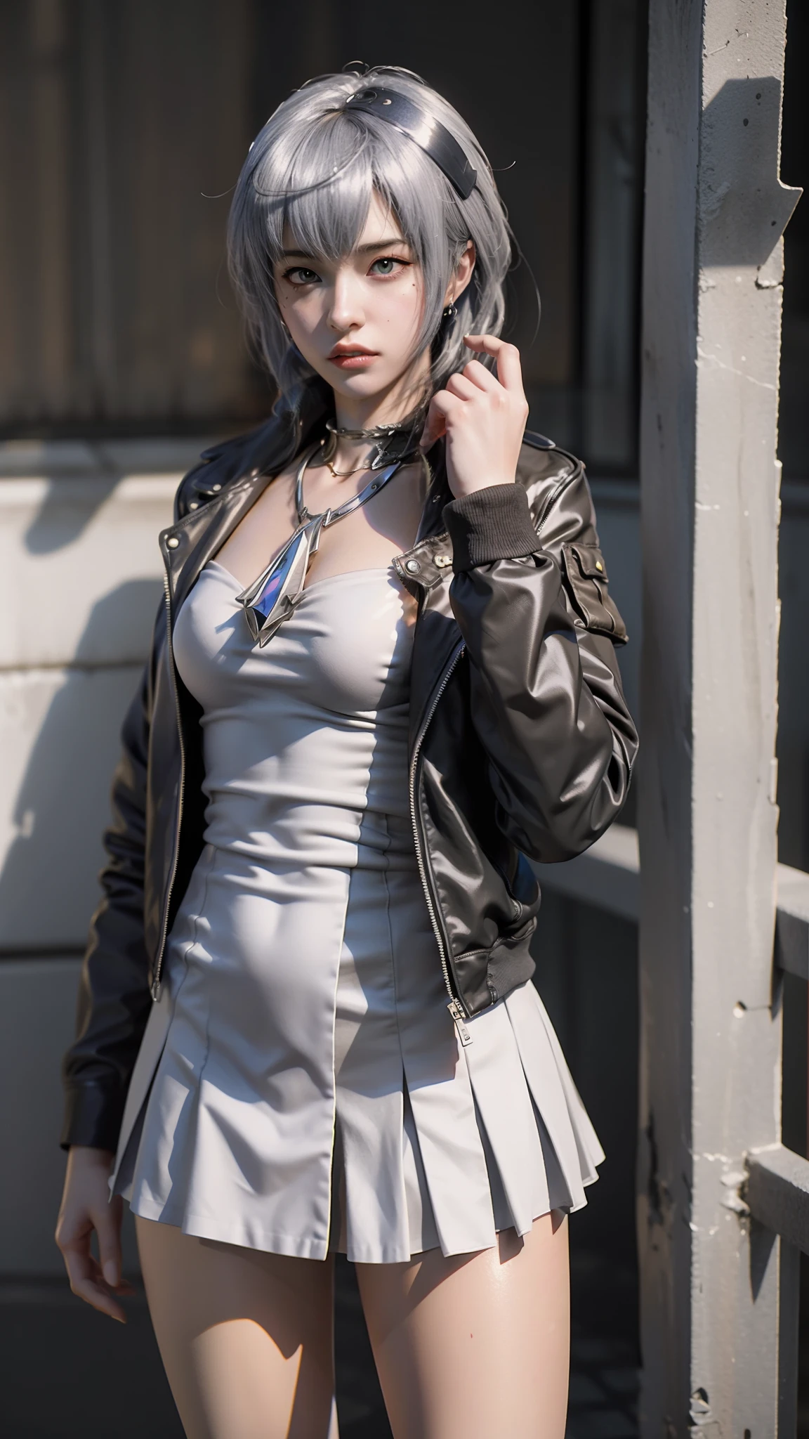 anime - style image of a woman in a short skirt and jacket, a photorealistic painting by Kentaro Miura, Trend of CGsociety, conceptual art, Smooth anime CG art, made with anime painter studio, Realistic anime 3 D style, photorealistic anime girl rendering, drawn in anime painter studio, Photorealistic anime, anime styled 3d, 3 d anime realistic