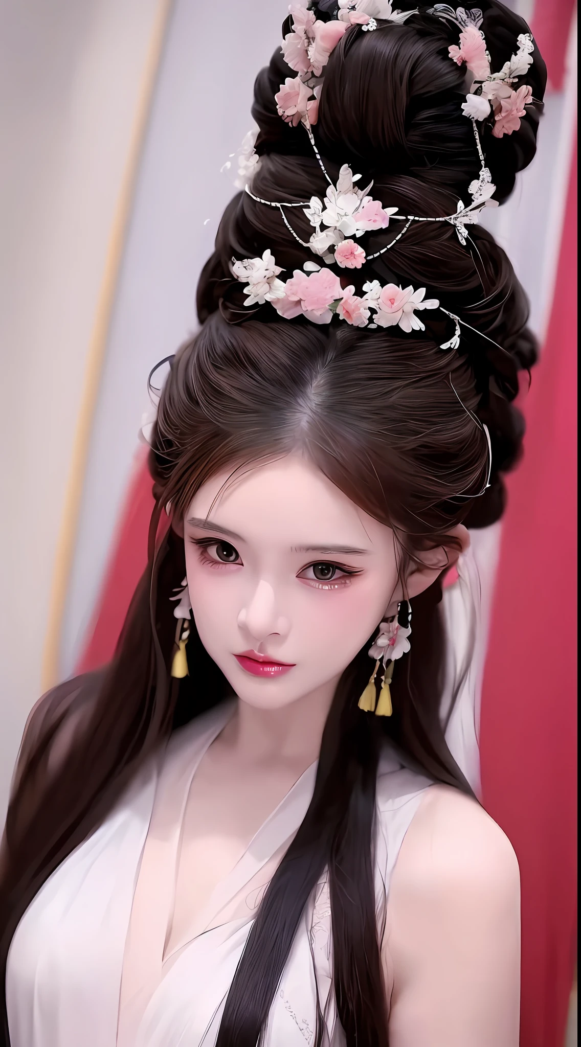 1 realistically beautiful girl, waist length hair, black eyes, ancient Ao Dai, style hanfu, wearing a thin silk shirt of ancient China, pink and smooth white skin, wearing a discreet ancient style ao dai, appears shoulders and head in the photo, Very cute little face, eye bags under wet and detailed makeup, plump red lips, charming small and curved lips, ((closed mouth:1.0)), balanced incisors, embarrassed, small face makeup detailed and very beautifull, The breasts are super round and tight, breast augmentation, blum boobs, Cover the girl's chest with a camisole inside, blush, from front, wear earrings, necklaces, from above, looking at viewer, upturned eyes, full body, masterpiece, top quality, best quality, official art, unity 8k wallpaper, highres, ultra high res, ultra detailed, (photorealistic:1.2), alone, solo, only 1 girl, style hanfu Dunhuang, 10x pixels, super realistic, ultra high quality, portrait body view of the girl, upper body,