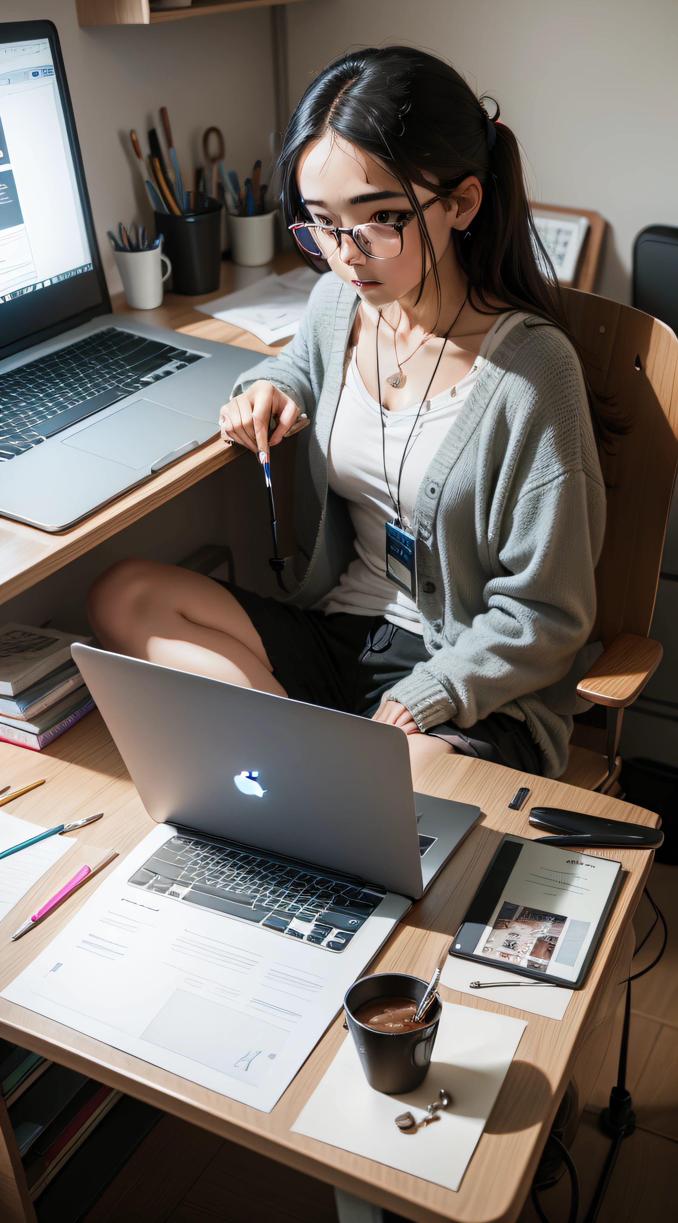 A person sitting at a desk with a laptop and various creative tools scattered around