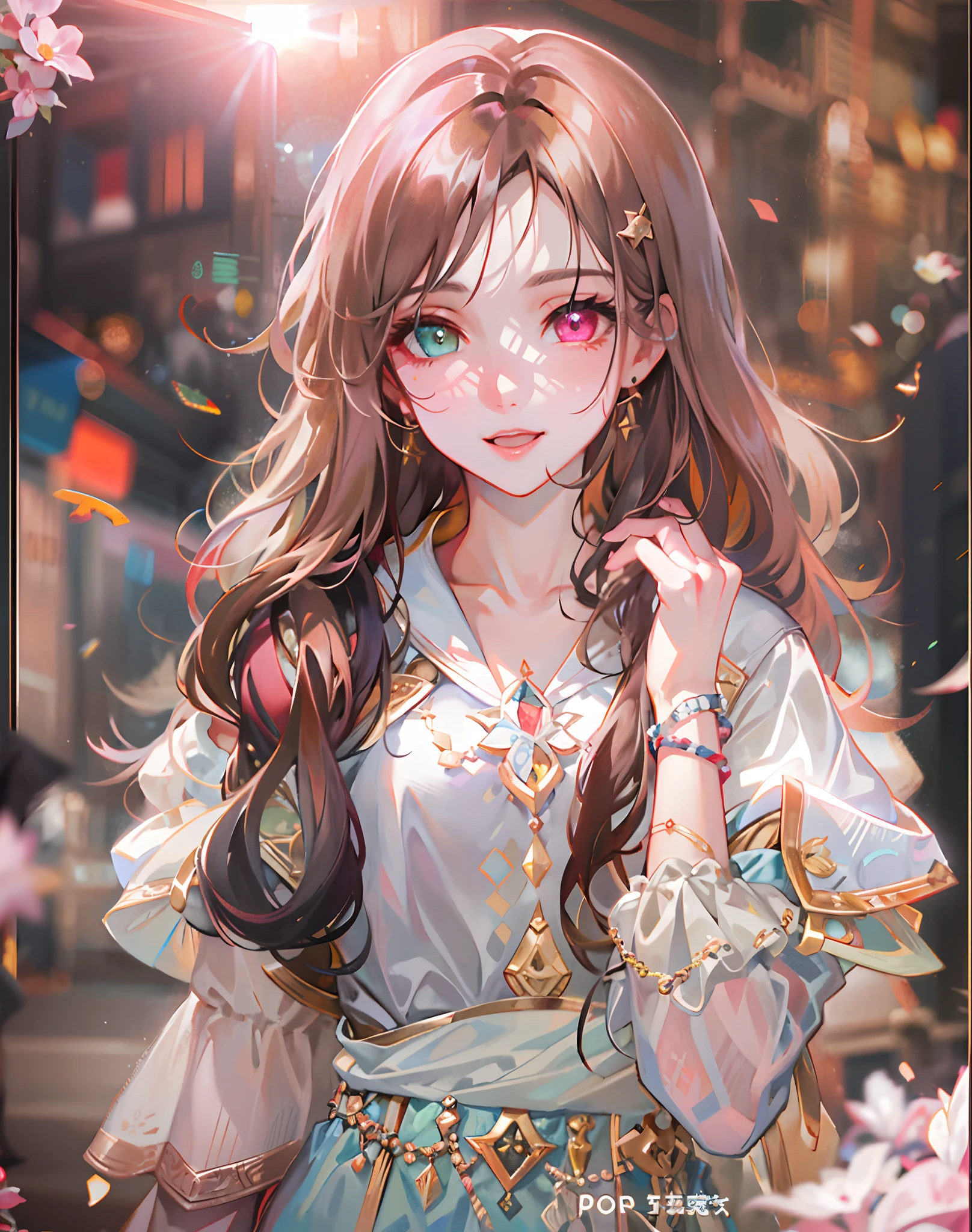 {{Masterpiece}}，Best quality at best，Very detailed CG unity 8K wallpaper，Sweet girl，The upper part of the body，Cover your hands，Bigchest，电影灯光，lens flare glow，beatiful detailed eyes，black in color，side looking，multicolour hair，Colorful light，particulate，Heterochromia，（a color：1.5），（The color hair:1.5),perfect bodies，Perfect face，fashionable attire，clothes see-through，There is light in the eyes，Colored shiny spots，Bright eyes，Smile sweetly，Blushlush，Beautiful face，perfect bodies