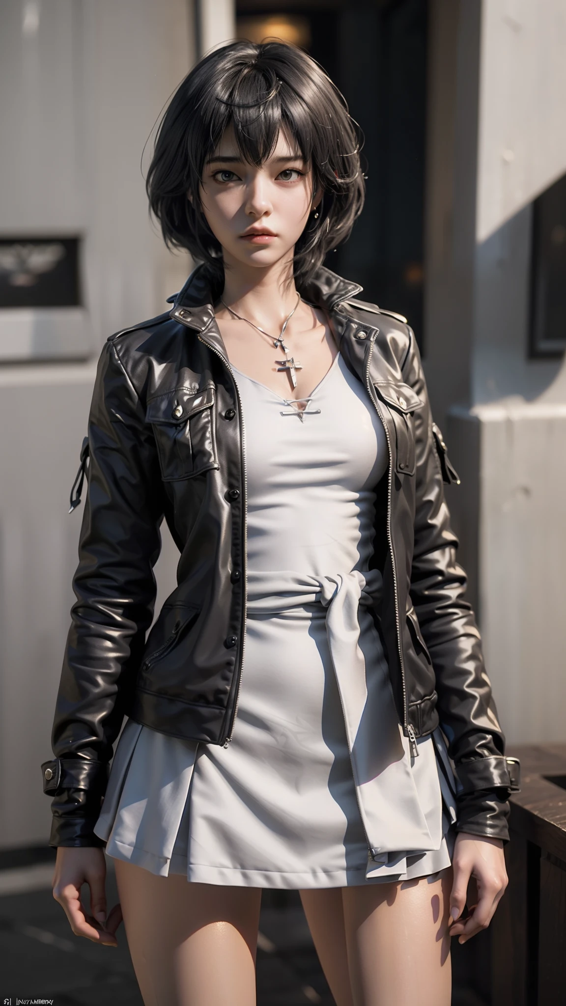 anime - style image of a woman in a short skirt and jacket, a photorealistic painting by Kentaro Miura, Trend of CGsociety, conceptual art, Smooth anime CG art, made with anime painter studio, Realistic anime 3 D style, photorealistic anime girl rendering, drawn in anime painter studio, Photorealistic anime, anime styled 3d, 3 d anime realistic