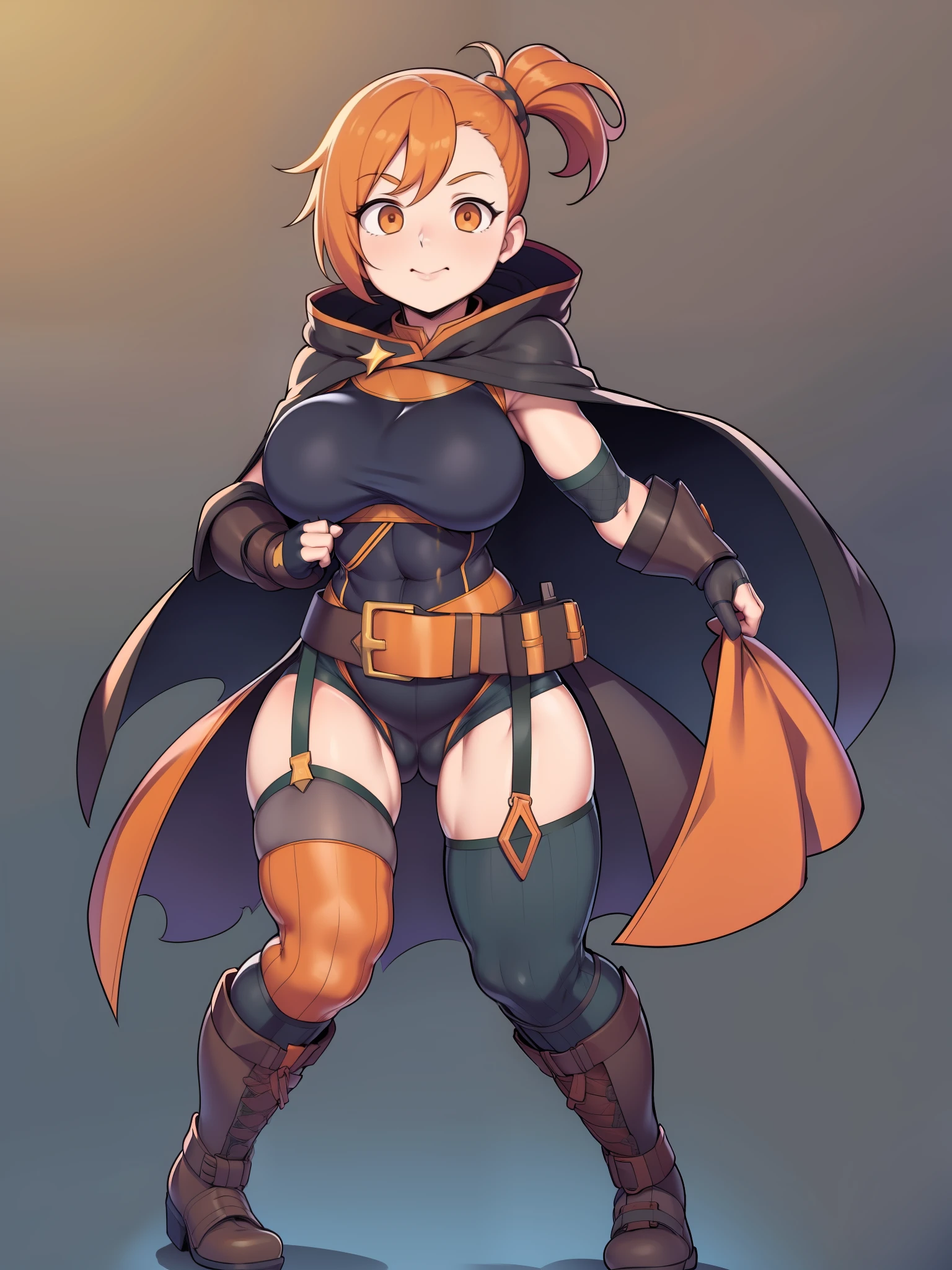 shorts, thin body, orange hair, short hair, side pony tail, big droopy eyes, light orange eyes, {orange leotard}, black breastplate, black cloak, brown boots, orange gloves, brown belt, cute, high quality, huge breast, curvy, full body
