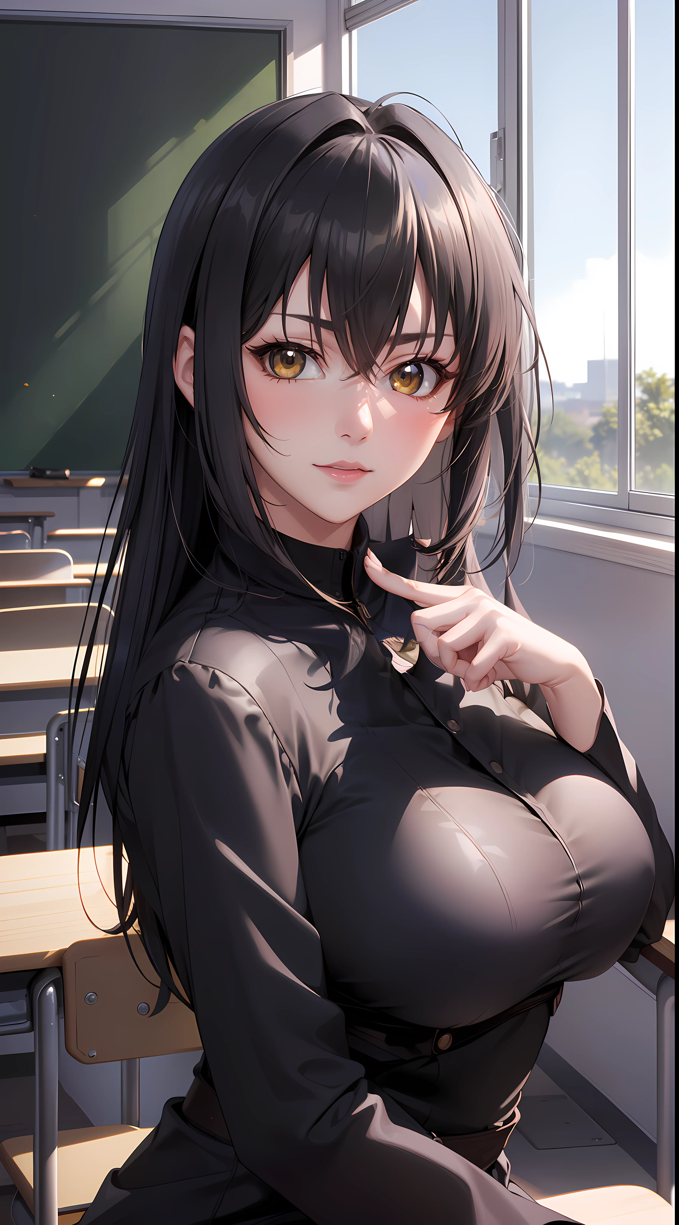 professional artwork, Intricate Details, field of view, sharp focus, detailed painting, photorealistic lighting, trending on pixiv,(masterpiece:1.0),(best_quality:1.0), ultra high res, ultra-detailed, photography, 8K, HDR, highres, absurdres:1.2, Kodak portra 400, film grain, sharp focus, bokeh:1.2, lens flare, (vibrant_color:1.2), (((indoors, classroom, classroom details, sitting on chair, perfect anatomy sitting, leaning to table, perfect anatomy hands, perfect anatomy fingers))),
female mature, black hair, long hair, (((yellow eyes))), large breasts, japanese student, student outfit, formal, black outfit, hair intakes, 35yo,mature female,Beautiful Finger,Beautiful long legs,Beautiful body,Beautiful Nose,Beautiful character design, perfect eyes, perfect face, looking at viewer, official art,extremely detailed CG unity 8k wallpaper, (Beautiful,large_Breasts:1.4), (beautiful_face:1.5),(narrow_waist), (solo:1.4), (upper body, half body shot),