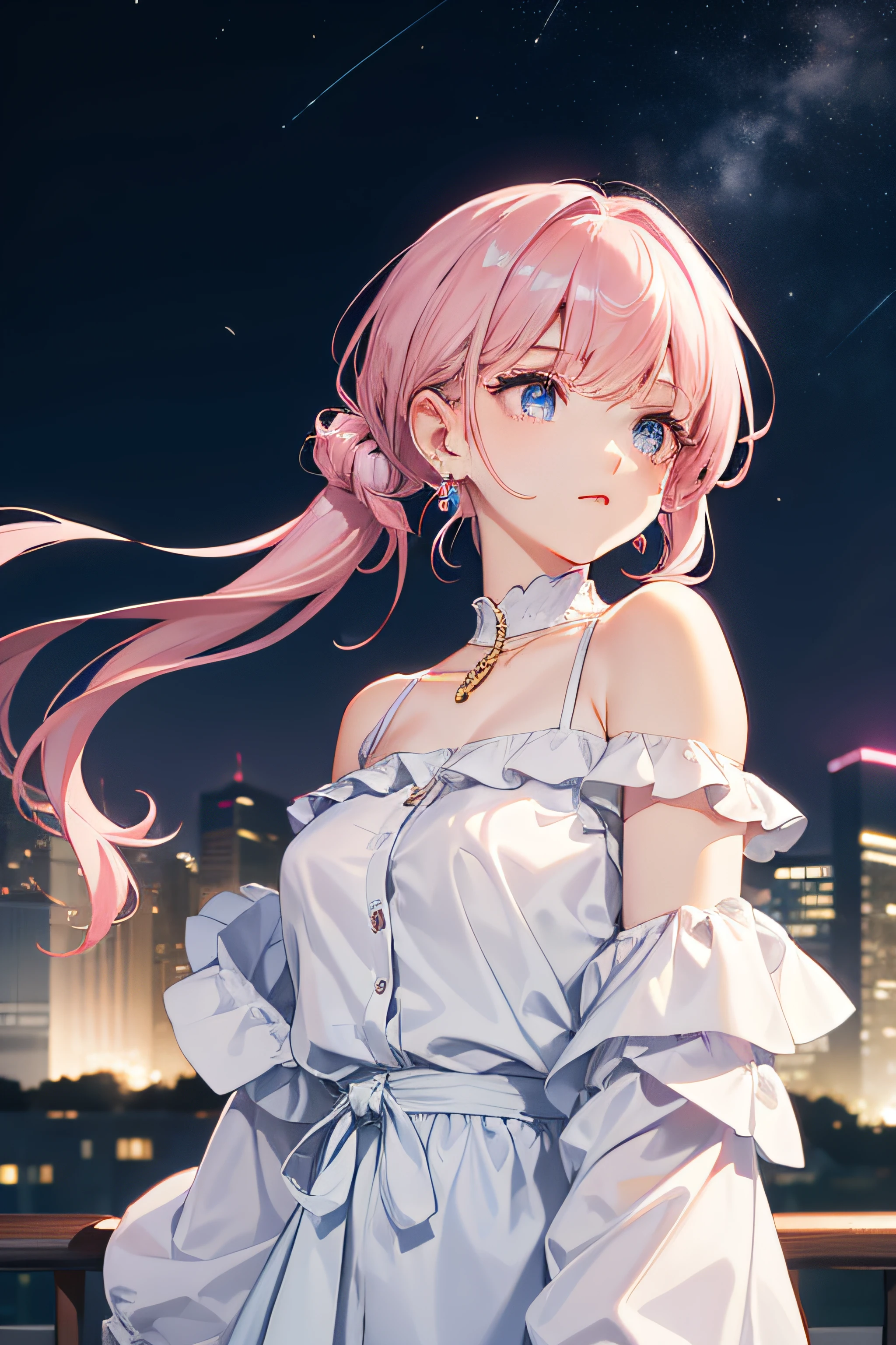 casual clothing, shoulder hair lenght off shoulder shirt, disconnected sleeves, pink hair, detailed eyes, earrings, polished nails, ((best quality, high resolution)), white clothing, beautiful city background, night sky, raining stars, on top of a building, high building, hair tie, tied hair