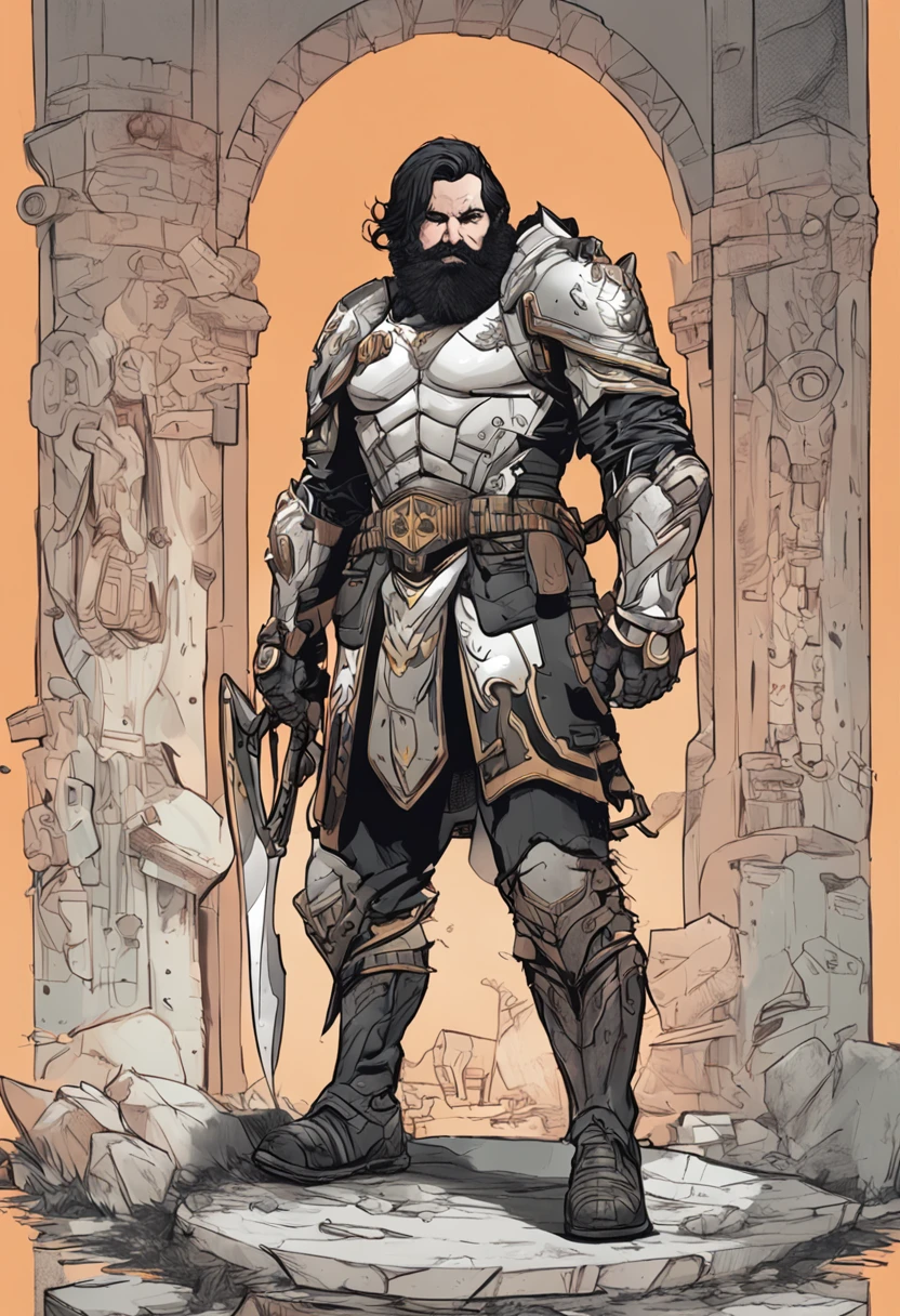 ((on knees)),((white man taller)), ((Short black hair)), a little stout,((hairy arms)), muscular legs,(((medium-long black beard))), black eyes,((a little fat)),((Shoes));((glasses)),((1boy)),((alone)),((full body)),((((Imperial paladin Armor)))),((T pose)))