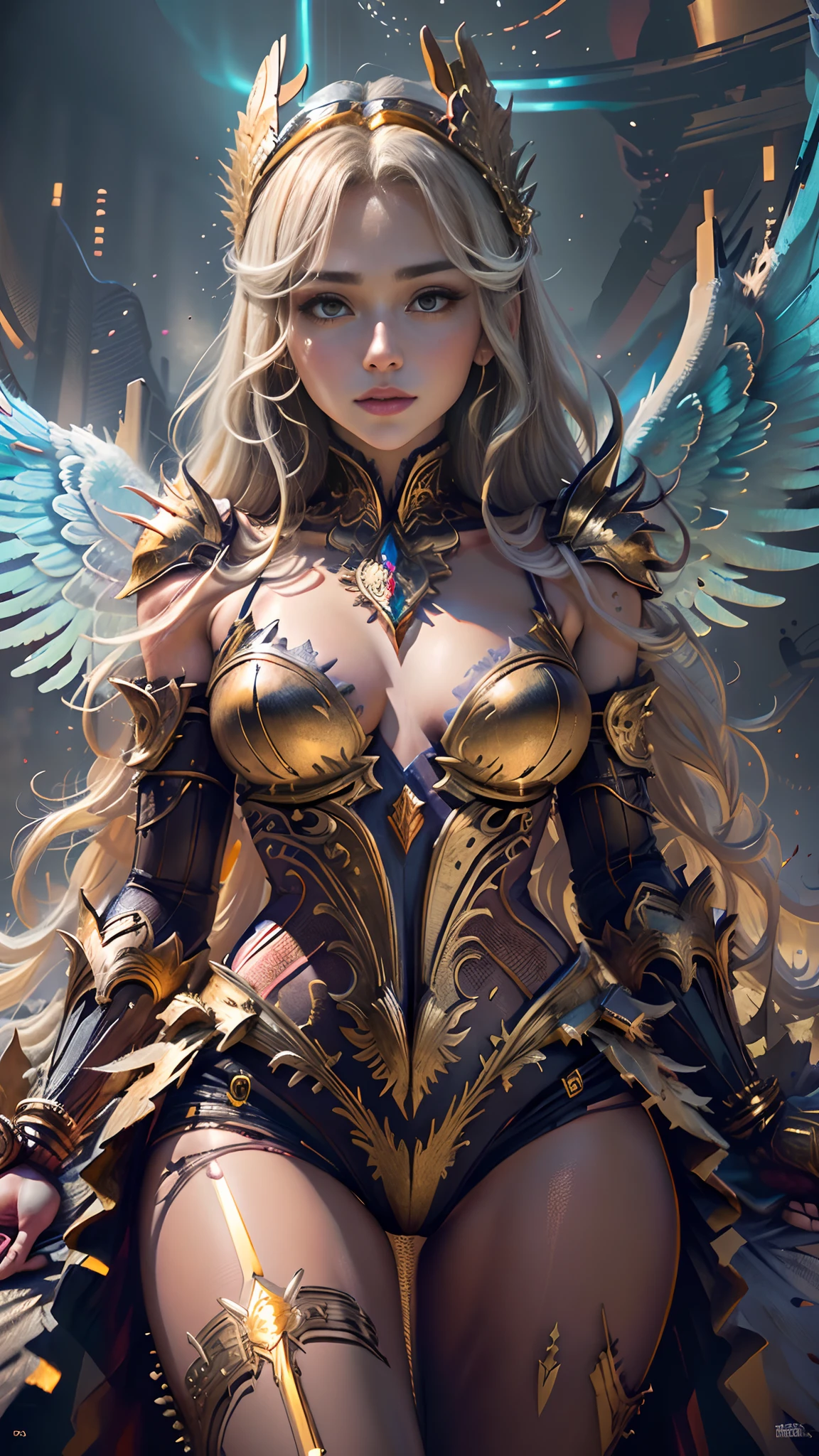 (Masterpiece), in full golden angel armor, Top Quality, Expressive Eyes, Perfect Face, Red skin, Feathers on Legs and Arms, Angel woman, light magic, Light orb palm spell, 8k_wallpaper, highly detailed eyes, body detail  very tall, very detailed finger, (digital artwork), (detailed manga illustration), (detailed line art), (perfect)) anatomy, best hand)), (intricate detail: 1.3), (very detailed: 1.3 ),  (illustration :1.3 ), (sharp focus:1.3), (natural light:1.05), (bright color:1.3),