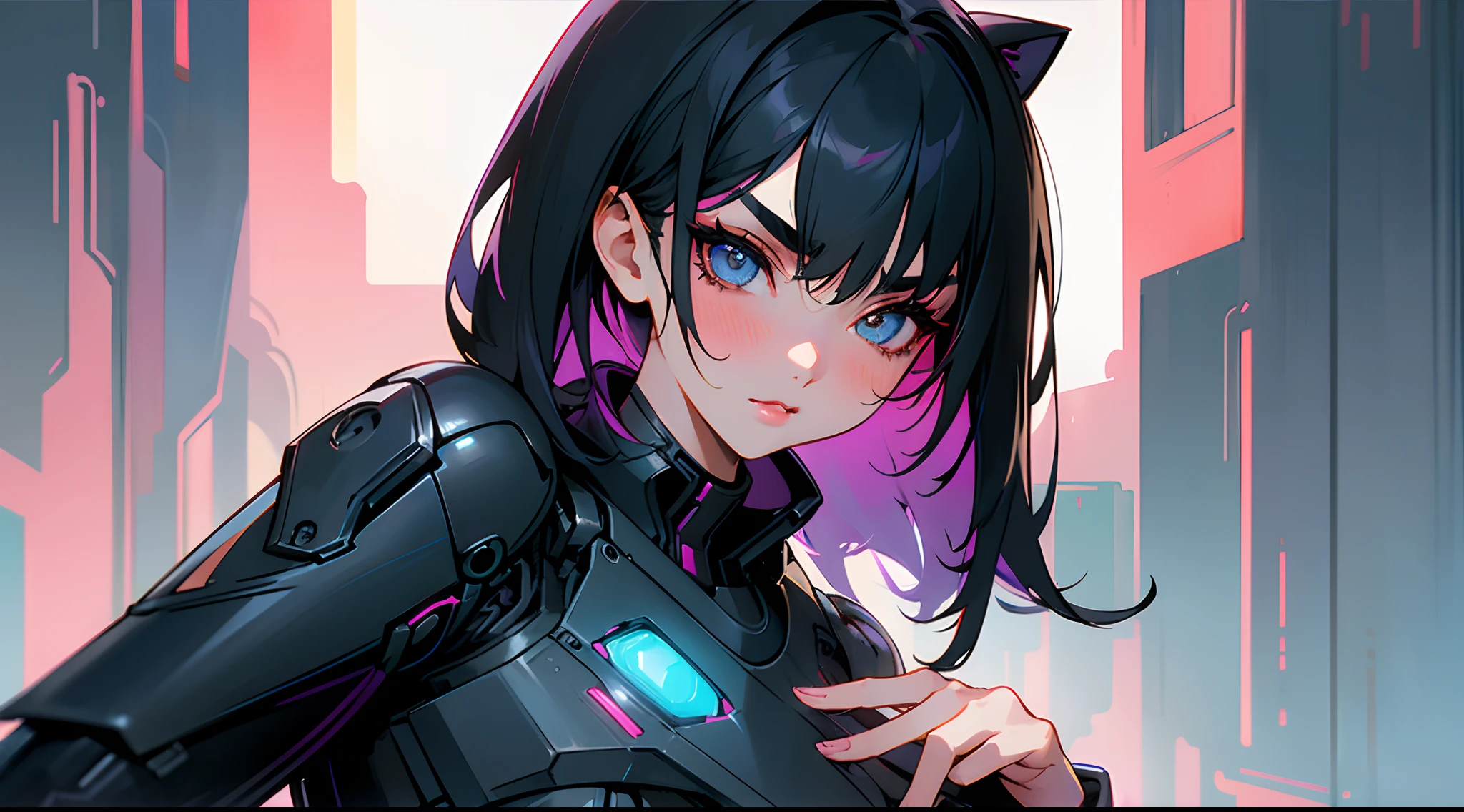 2girl with、cyberpunk backgrouns、Original Characters、Volume Lighting、Best Shadows、Shallow depth of field、Portrait of an amazingly beautiful girl、Delicate beautiful attractive face with petite and seductive eyes、Sharp Eyebrows、Cat-eared girl、Shortcut black hair、Blush Eyeshadow、Dark eyelashes、Slim waist、standingn、(top-quality、Superb Detail:1.25)、Brilliant Colorful Paintings