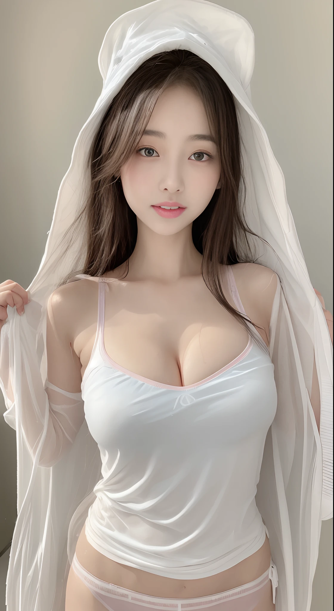 ((best qualtiy, 8K, tmasterpiece:1.3)), perfect figure beautiful woman:1.4, Protruding cleavage:1.5, (Perfect breasts:1.2), (wetclothes:1.5) , Bandeau:1.4, A detailed eye, 二重まぶた，Snow-white skin，Long pink hair