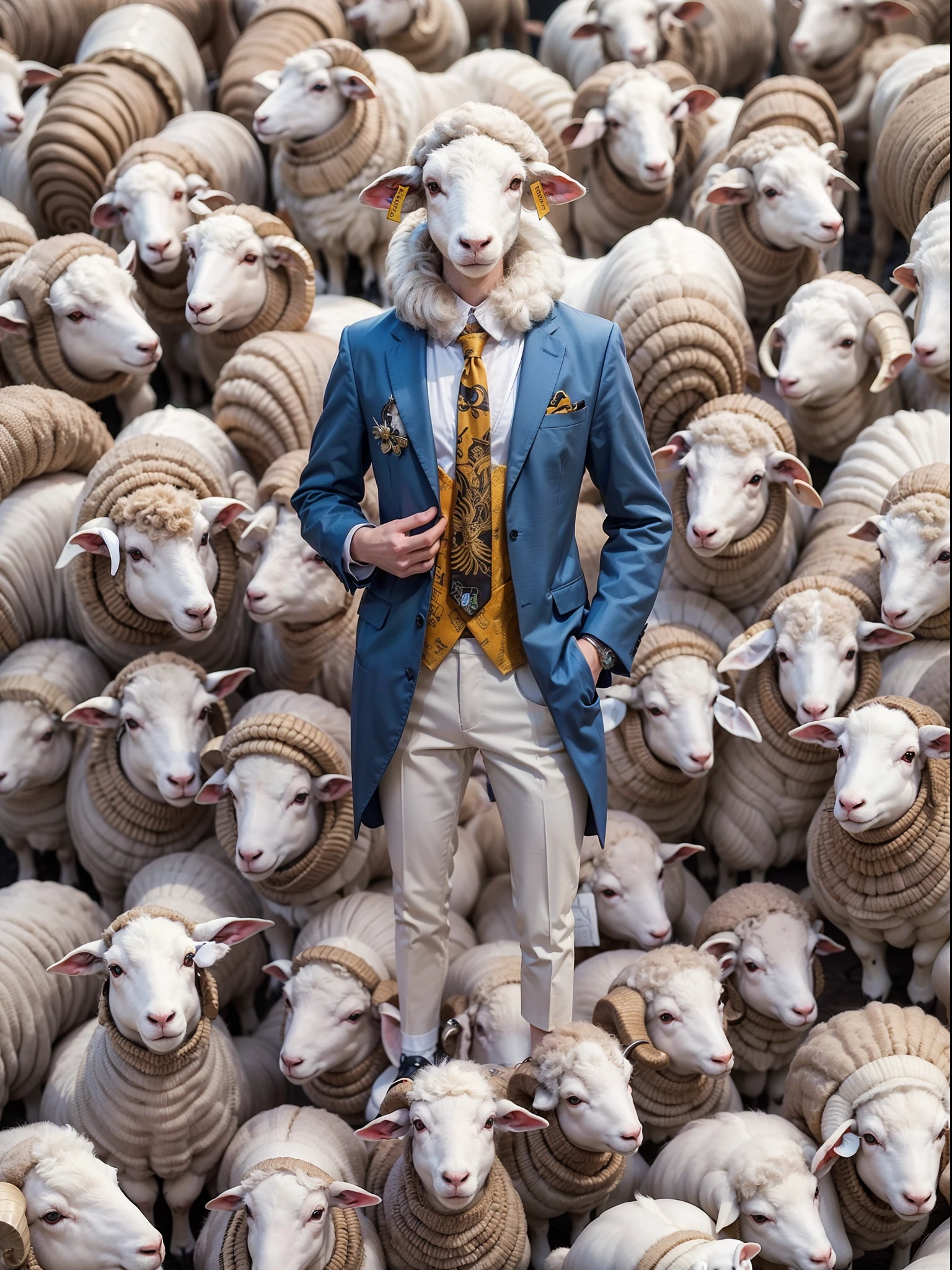 (Sheep in luxury business suit、Upright sheep、Humanoid sheep、、Full body photo、Sheep in a pose、Cool anthropomorphic sheep)、​masterpiece, top-quality, in 8K , intricate detailes, ultra-detailliert , light Particle、32K Digital Paint, Hyper-Realism, Abstract background:1.3, colourfull:1. 3, Zentangle:1.2、