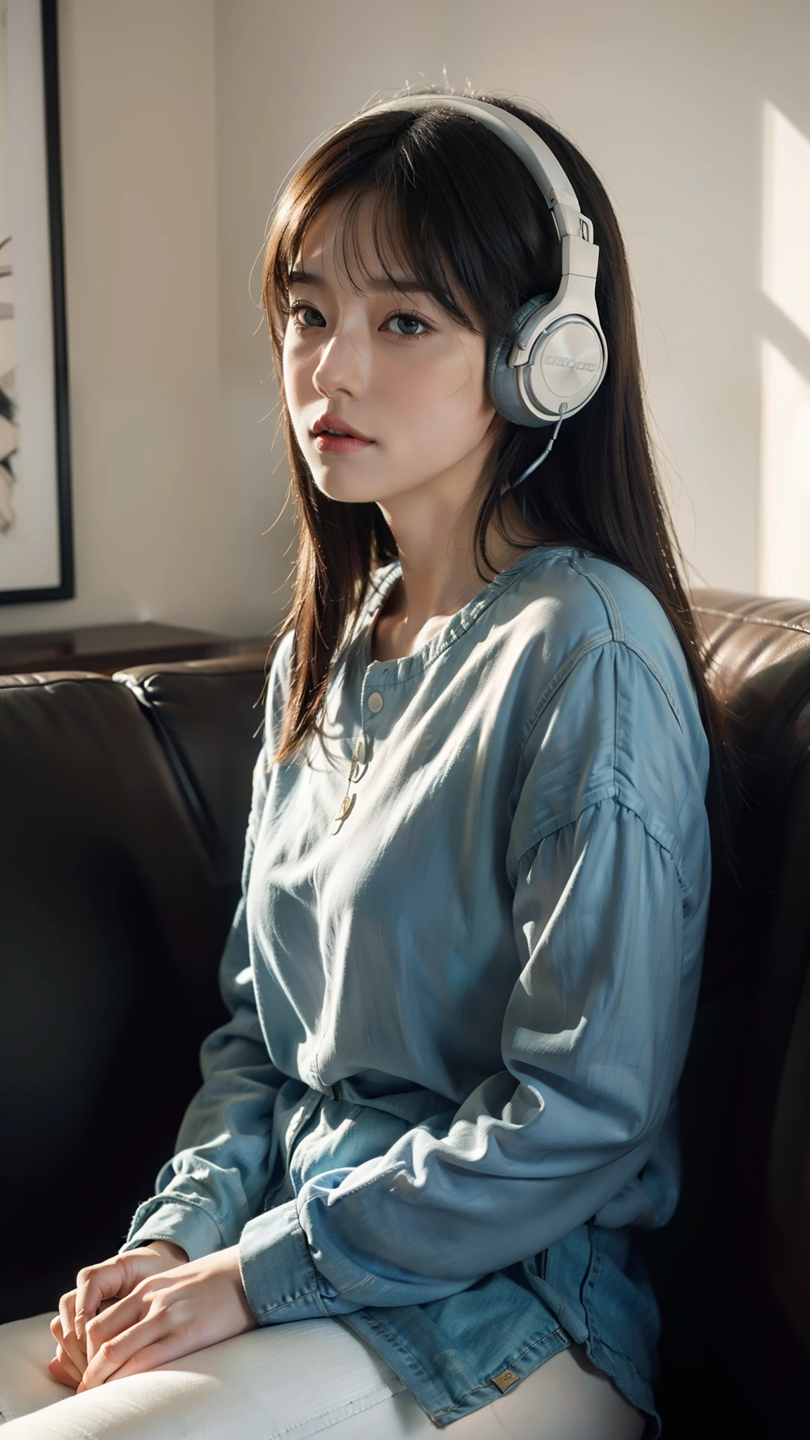 There was a woman sitting on a couch wearing headphones, a photorealistic painting inspired by Ayami Kojima, Trend of CGsociety, Digital art, Realistic art style, with headphone, Photorealistic art style, Casual pose, photo-realistic low lighting, photorealistic anime girl rendering, photorealistic 35mm, with headphone, realistic soft lighting