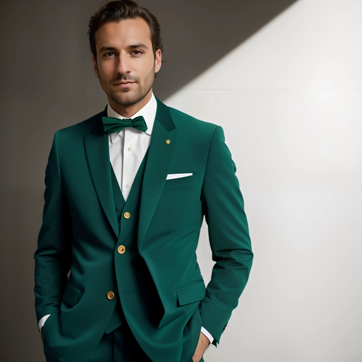 Arafed man in green suit and tie posing for a photo, Porter un costume vert, Green suit and bow tie, Davide Sorrenti placeholder image, inspired by Nils Hamm, Porter une veste verte, Combinaison sarcelle, Marc Newson, by Salomon by Abbot, Lubezki, Portrait promotionnel, Quand Vermehr, Matthieu Benoît, rendu en corona
