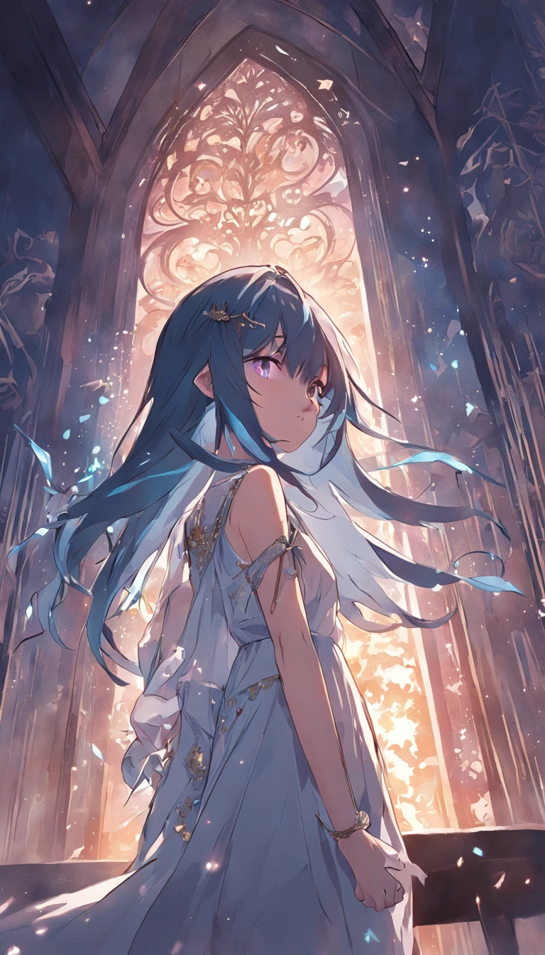 the night,dark blue sky,White floral dress,dignified,slim,standing on your feet,legs crossed, cabelos preto e longos, Long hair and waist, beautiful age girl, Oh, God, Divinity, white headgear,Stand in the attic,Hairline,slanted bangs, shairband, hair adornments, forehead jewel, Jewel branch of Paulai, Crescent hair ornaments, fish hair ornament, God Ray, glitters, cinmatic lighting, Lens glare, UHD, high detal, high qulity, A high resolution, best qualtiy, 8K, 16K, high detal, high qulity, super detailing, anatomy correct, tmasterpiece,((full body)), ((from below))