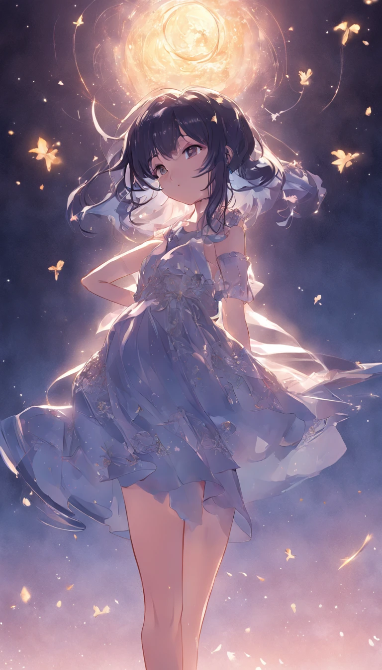 the night,dark blue sky,White floral dress,dignified,slim,standing on your feet,legs crossed, cabelos preto e longos, Long hair and waist, beautiful teenage girl, Oh, God, Divinity, white headgear,Stand in the attic,Hairline,slanted bangs, shairband, hair adornments, forehead jewel, Jewel branch of Paulai, Crescent hair ornaments, fish hair ornament, God Ray, glitters, cinmatic lighting, Lens glare, UHD, high detal, high qulity, A high resolution, best qualtiy, 8K, 16K, high detal, high qulity, super detailing, anatomy correct, tmasterpiece,((full body)), ((from below))