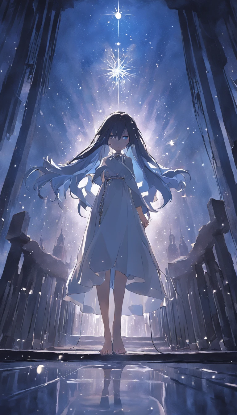 the night,dark blue sky,White floral dress,dignified,slim,standing on your feet,legs crossed, cabelos preto e longos, Long hair and waist, beautiful teenage girl, Oh, God, Divinity, white headgear,Stand in the attic,Hairline,slanted bangs, shairband, hair adornments, forehead jewel, Jewel branch of Paulai, Crescent hair ornaments, fish hair ornament, God Ray, glitters, cinmatic lighting, Lens glare, UHD, high detal, high qulity, A high resolution, best qualtiy, 8K, 16K, high detal, high qulity, super detailing, anatomy correct, tmasterpiece,((full body)), ((from below))