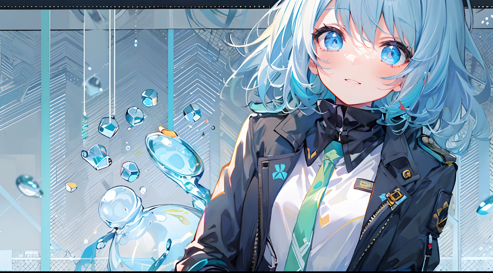 ((top-quality)), ((masterpiece)), ((ultra-detailliert)), (extremely delicate and beautiful), girl with, 独奏, cold attitude,((Black jacket)),She is very(relax)with the(Settled down)Looks,A dark-haired, depth of fields,evil smile,Bubble, under the water, Air bubble,bright light blue eyes,Inner color with light blue hair and dark blue tips,Cold background,Bob Hair - Linear Art, shortpants、knee high socks、White uniform like school uniform、Light blue ribbon ties、Clothes are sheer、Hands in pockets